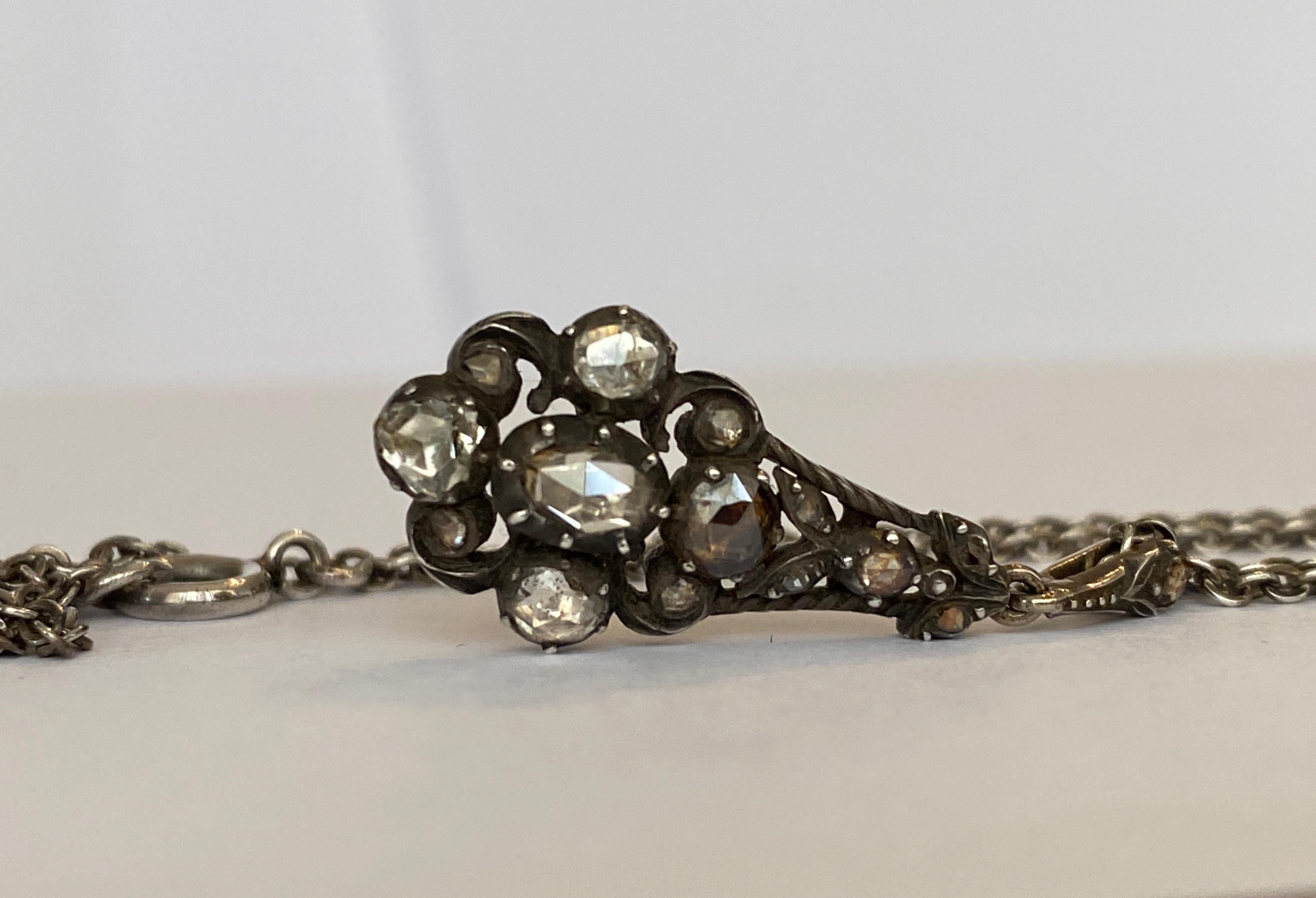 Antique gold and silver drop pendant necklace, rose cut diamonds For Sale 3