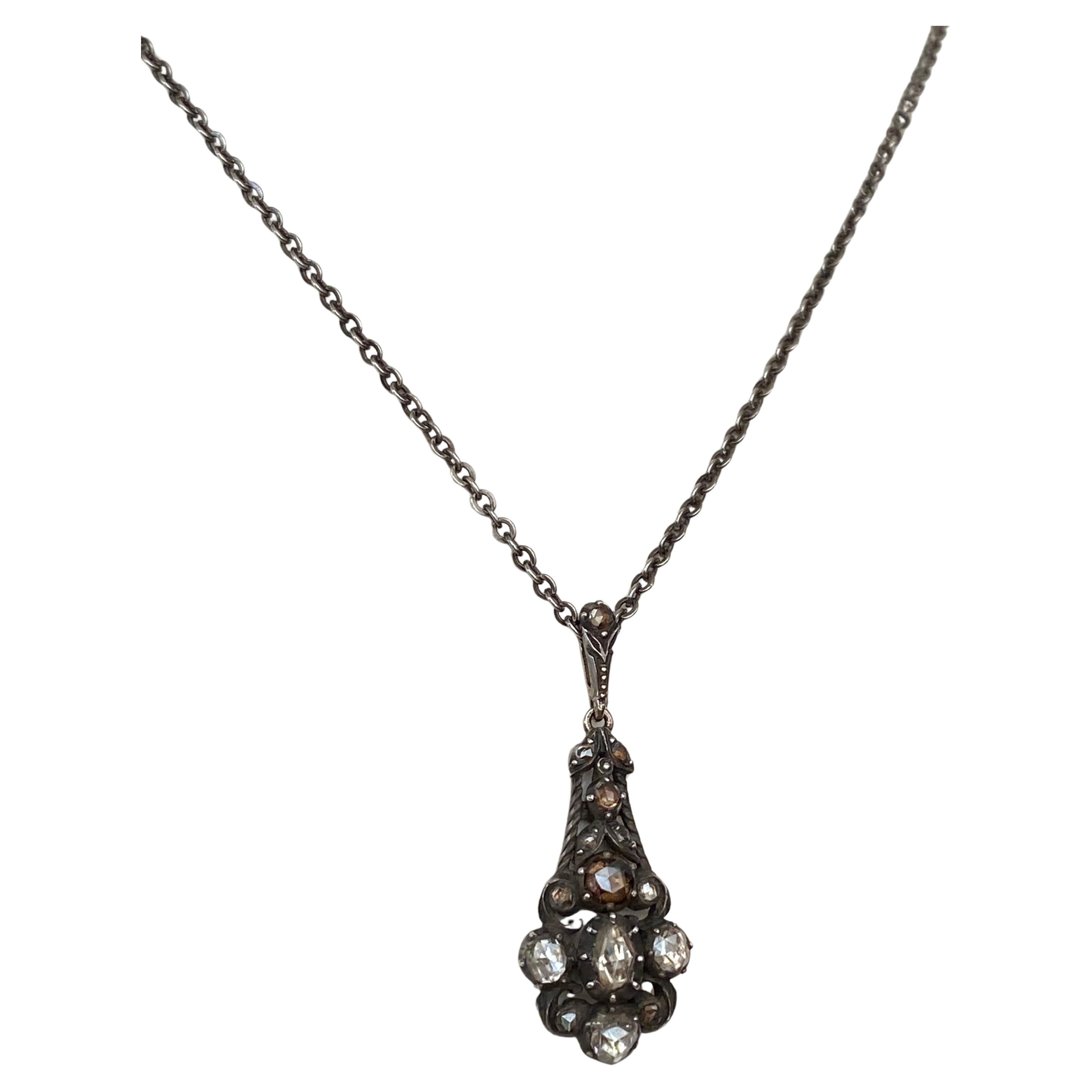 Antique gold and silver drop pendant necklace, rose cut diamonds