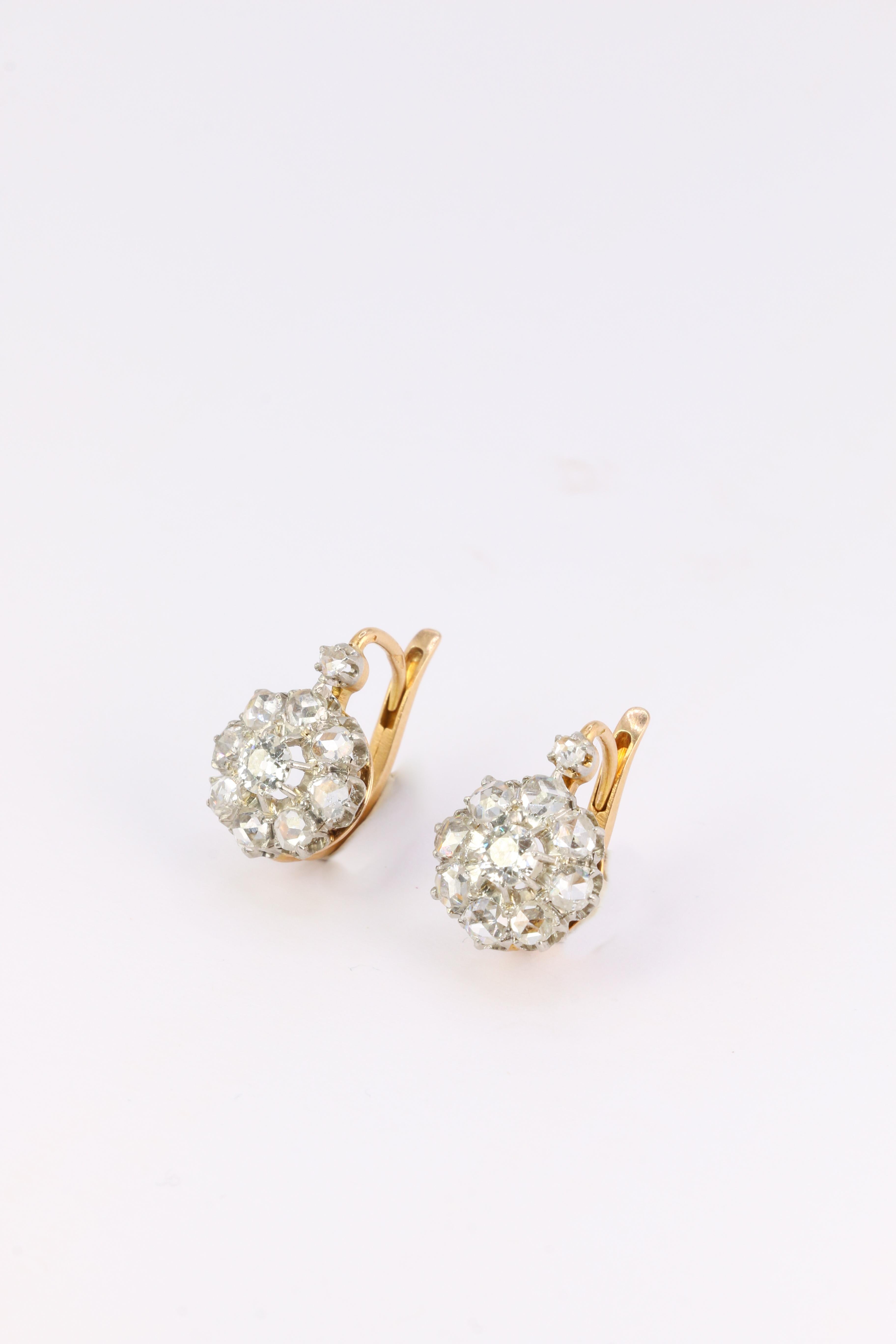 Old Mine Cut Antique gold and silver earrings set with old mine cut diamonds