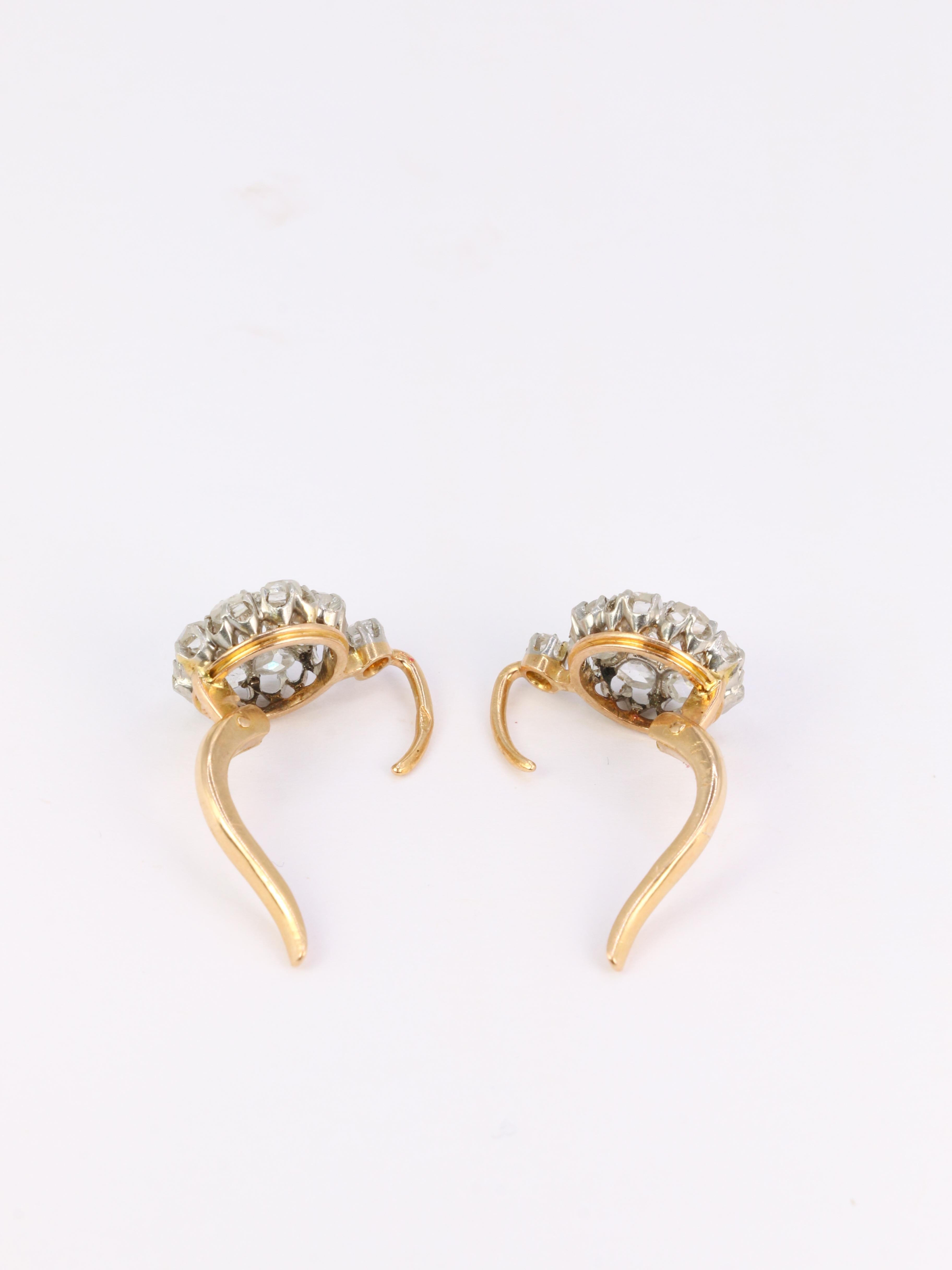 Antique gold and silver earrings set with old mine cut diamonds 2