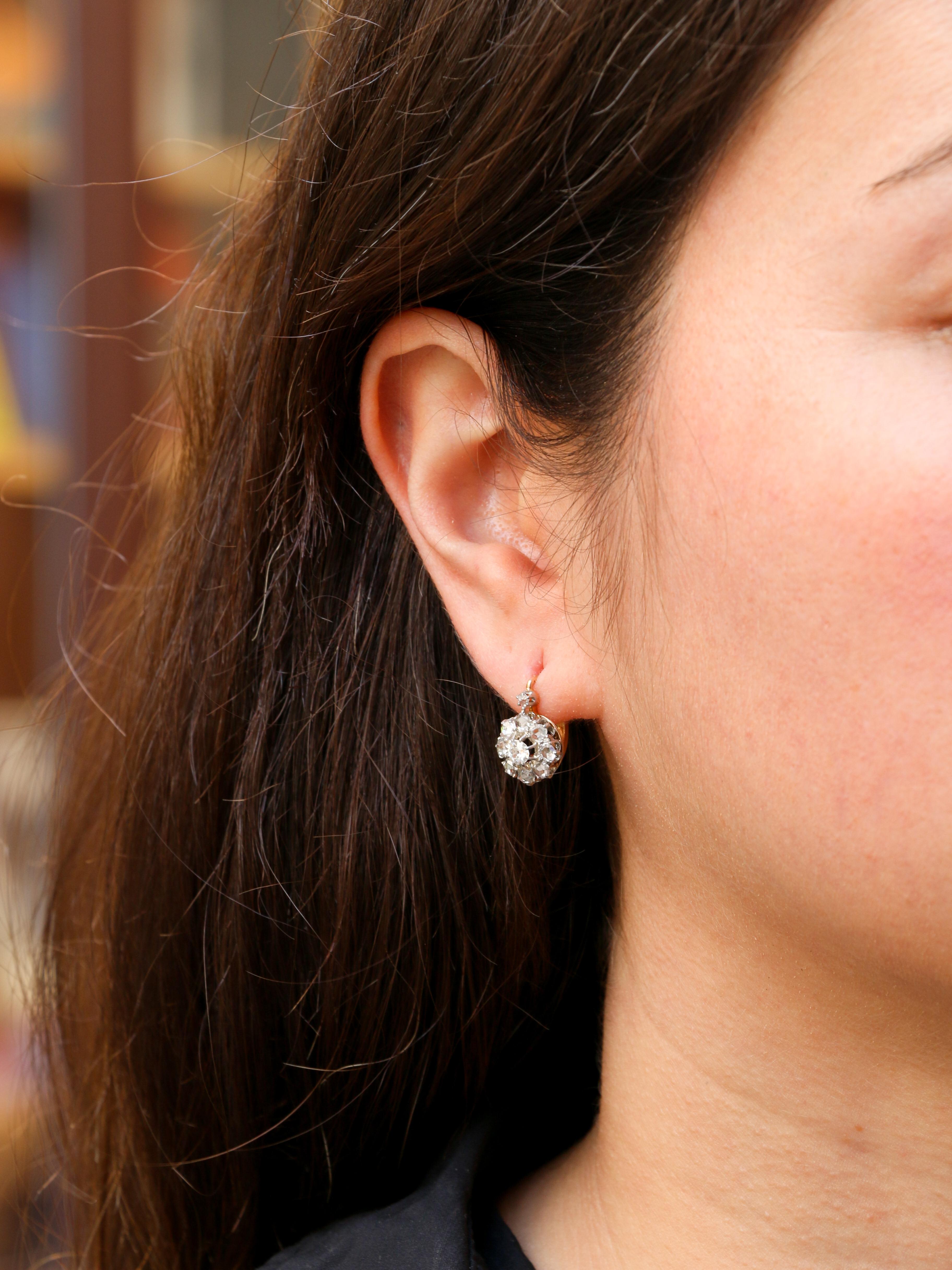 Antique gold and silver earrings set with old mine cut diamonds 3