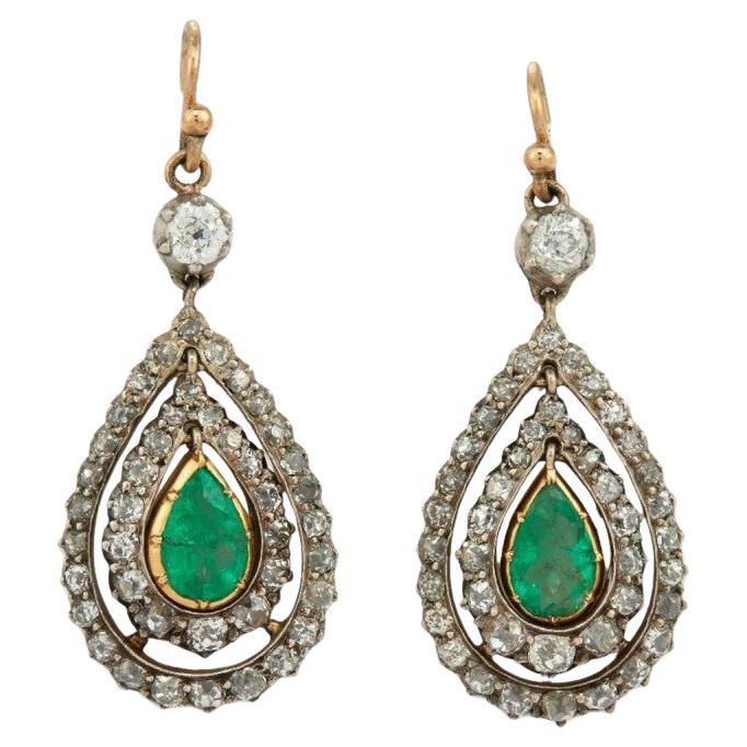 Antique Gold and Silver Earrings with Emeralds and Diamonds