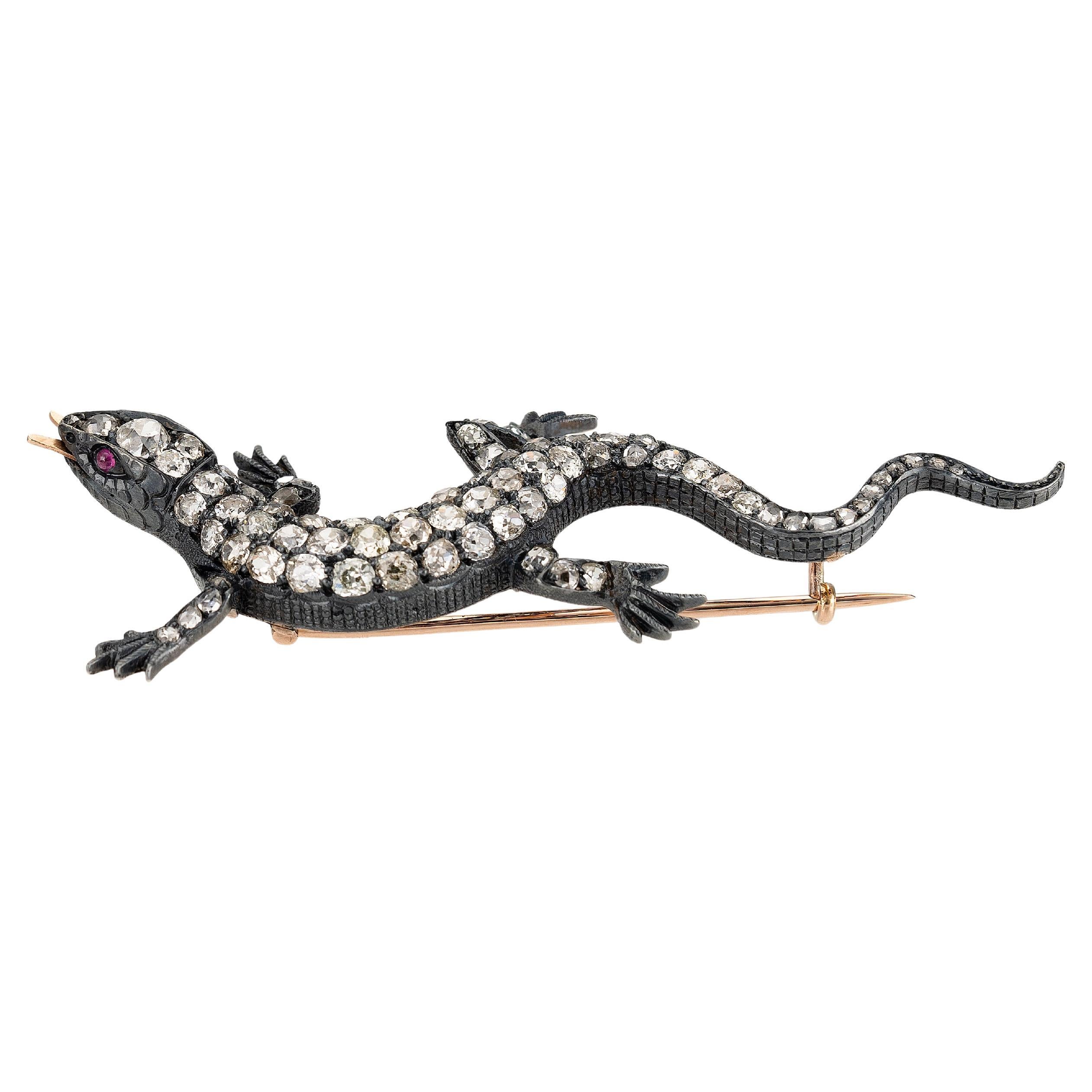 Antique Gold and Silver Lizard Brooch with Old-Cut Diamonds and Rubies