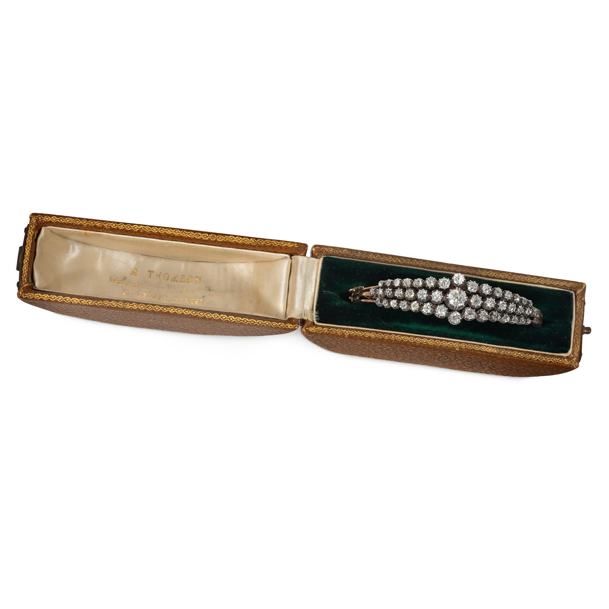 da uomo o donna Bracciale antico in oro e argento con tre file di diamanti Old Mine in vendita