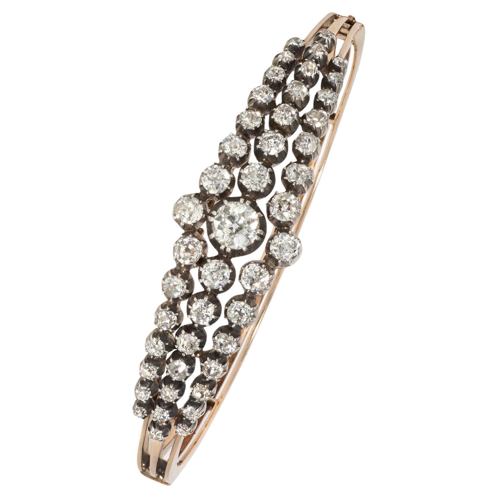 Antique Gold and Silver Three-Row Old Mine Diamond Bangle Bracelet