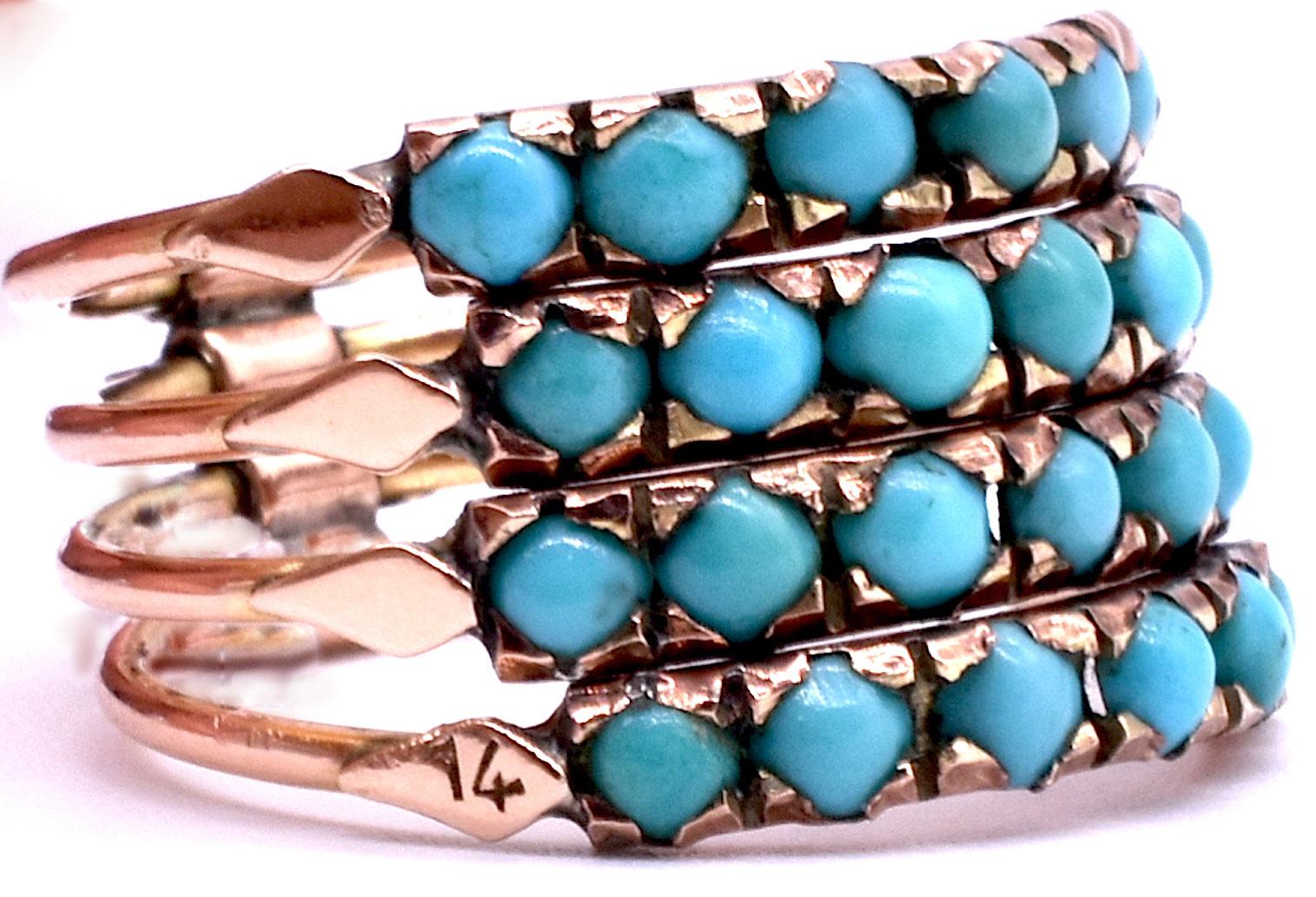 Alluring sky blue turquoise Harem ring is 4 rings stacked together as one substantial stacking ring to make a bold statement on the hand. The turquoise stones are in very good condition and of consistent color and contrast beautifully against the