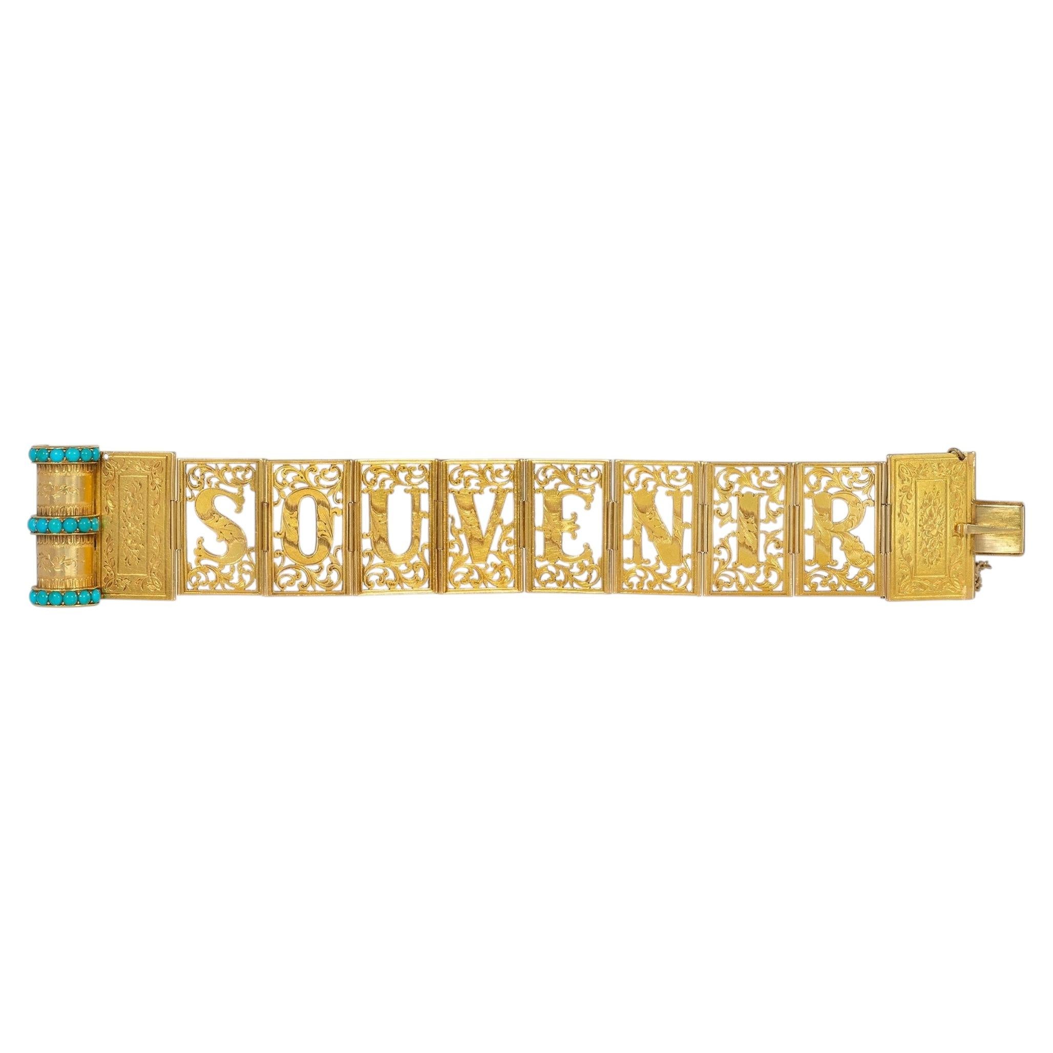 Antique Gold And Turquoise "souvenir" Book-form Bracelet