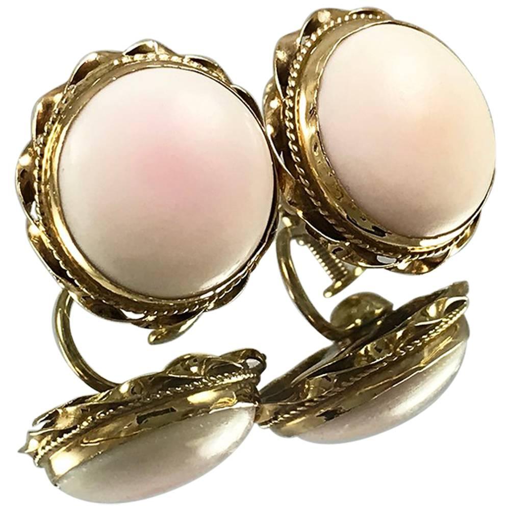 Antique Yellow Gold Angel Skin/Pink Blush Coral Earrings