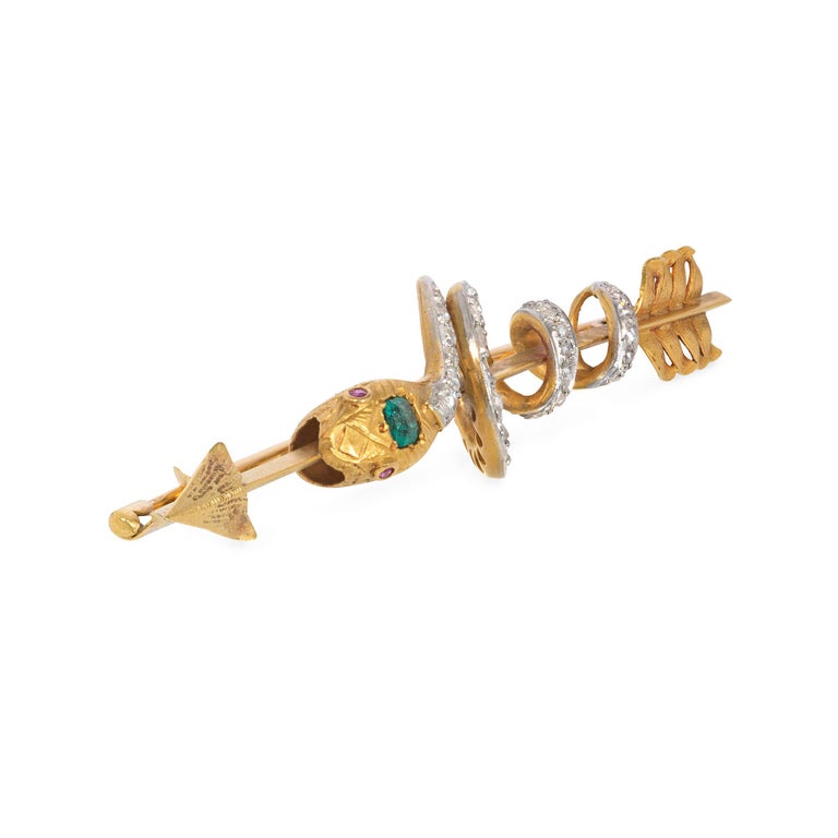 Antique Gold Arrow Brooch with Coiled Diamond and Emerald Snake For ...
