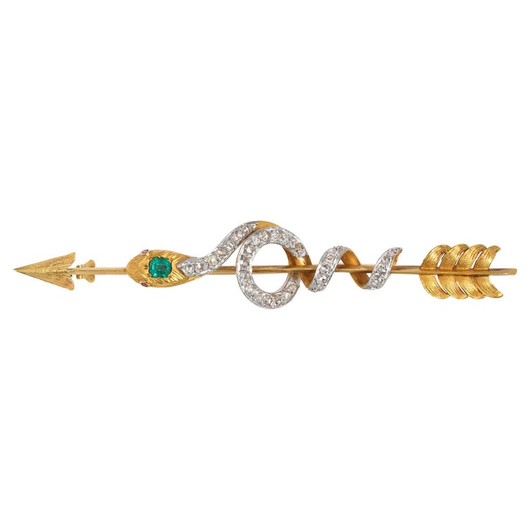 Antique Gold Arrow Brooch with Coiled Diamond and Emerald Snake