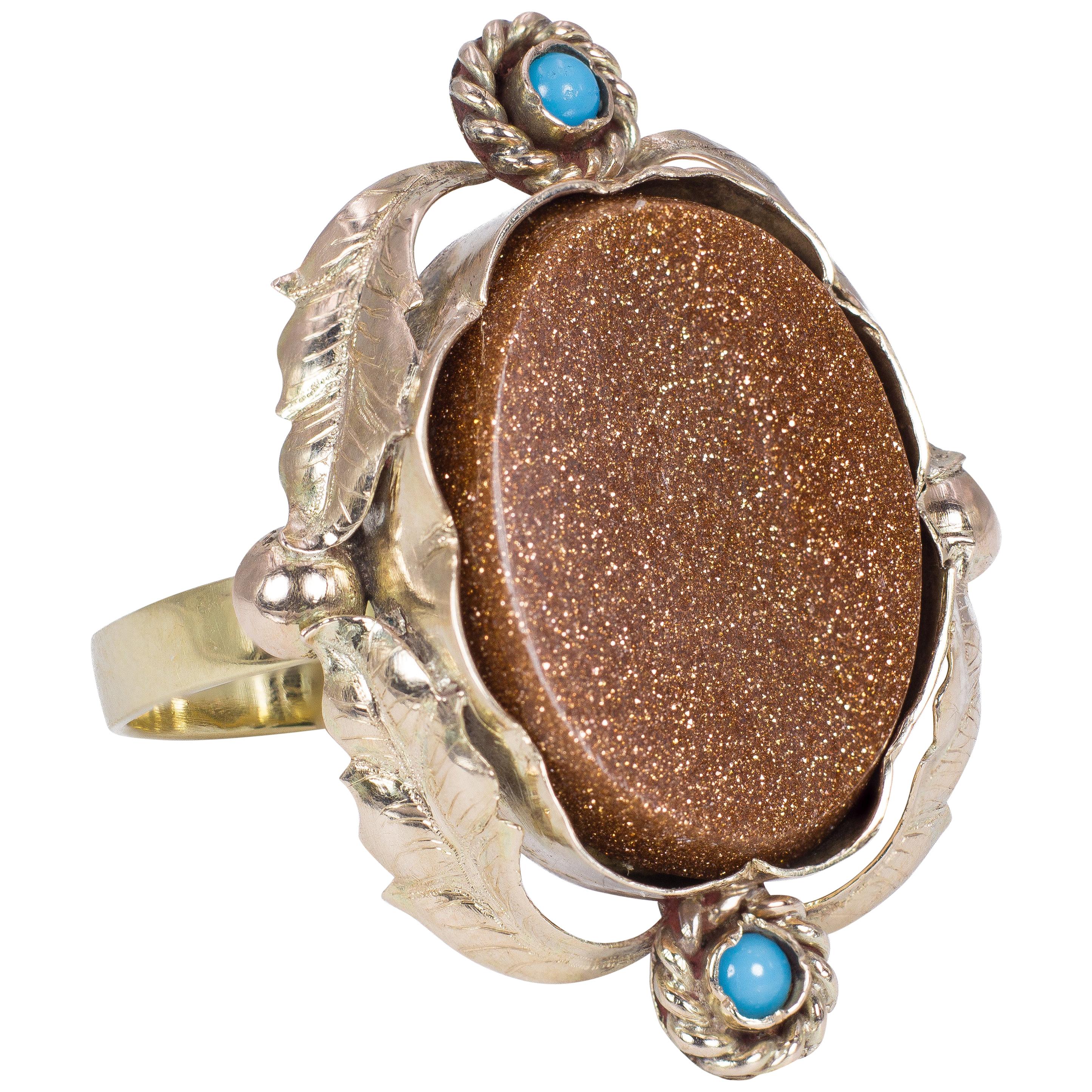 Antique Gold, Goldstone and Turquoise Ring, Late 1800 For Sale