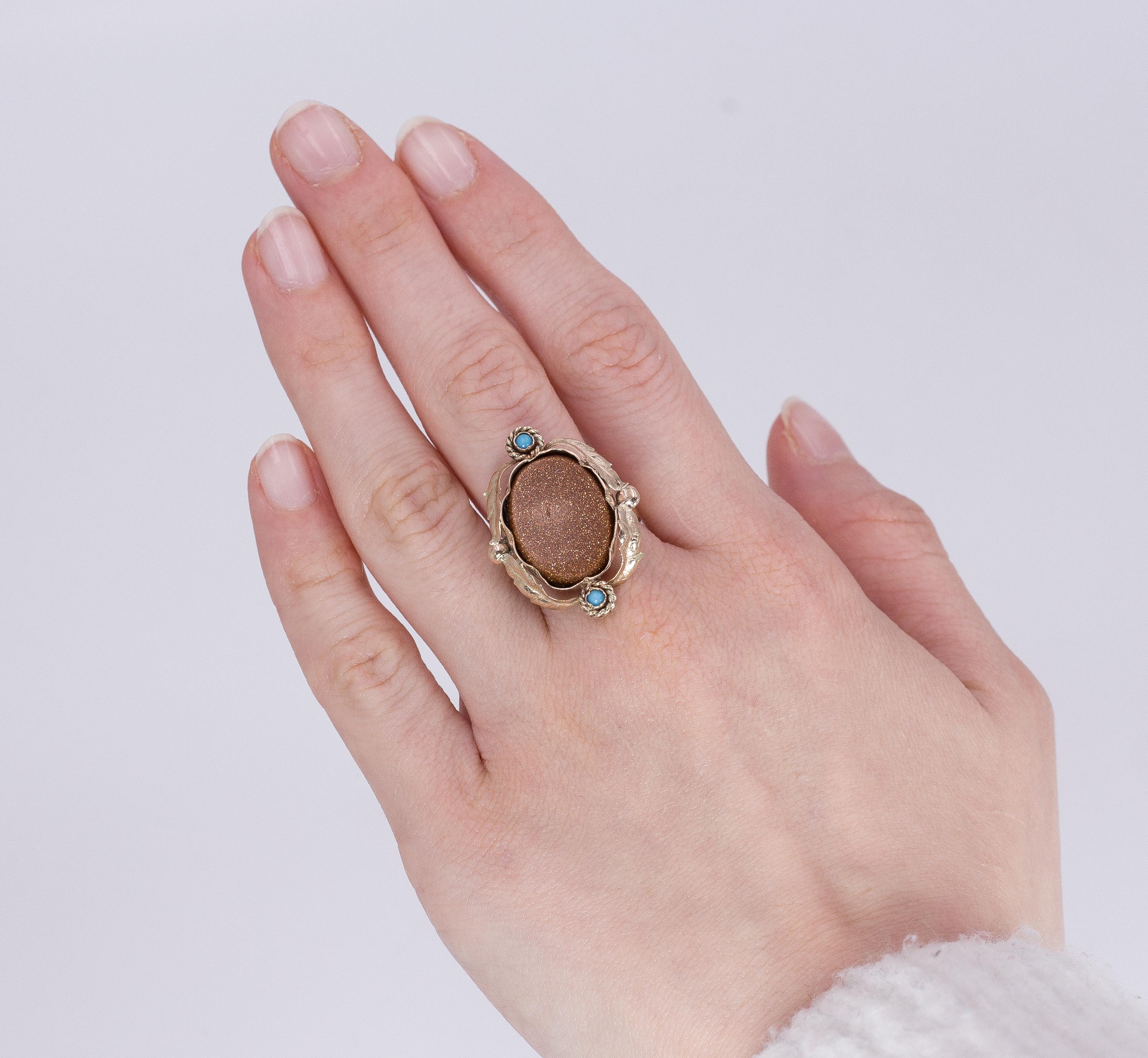 Bead Antique Gold, Goldstone and Turquoise Ring, Late 1800 For Sale