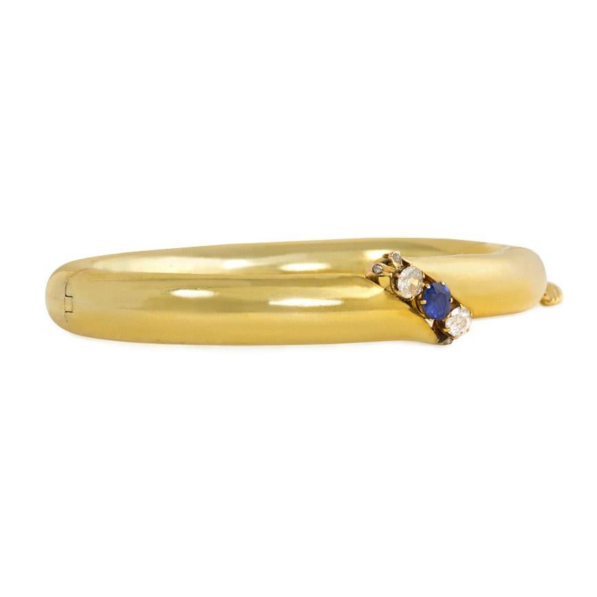 Victorian Antique Gold Bangle Bracelet with Central Diagonal of Diamonds and Sapphire For Sale