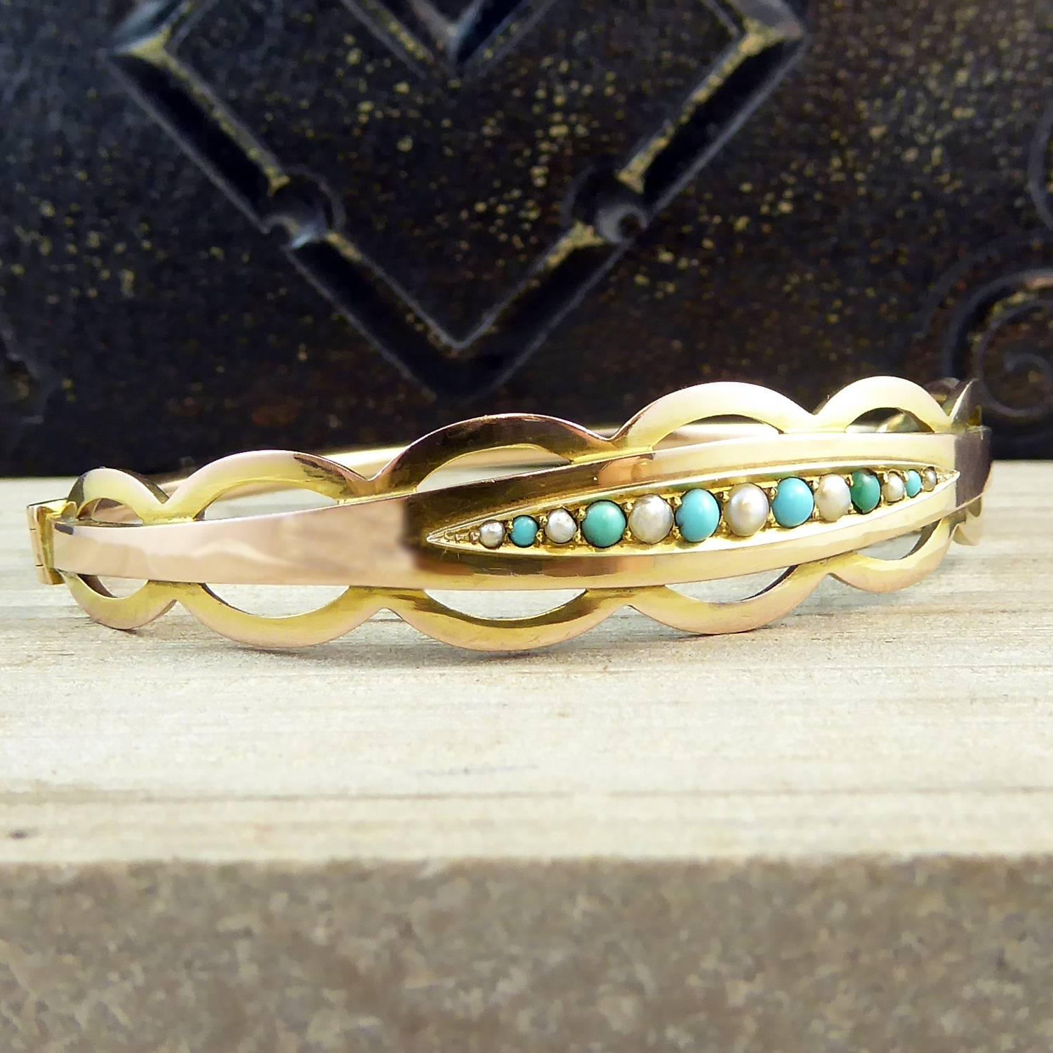 Antique Gold Bangle, Turquoise Pearl Boatshape, Edwardian Era Hallmarked 1908 In Excellent Condition In Yorkshire, West Yorkshire