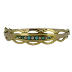 Antique Gold Bangle, Turquoise Pearl Boatshape, Edwardian Era Hallmarked 1908