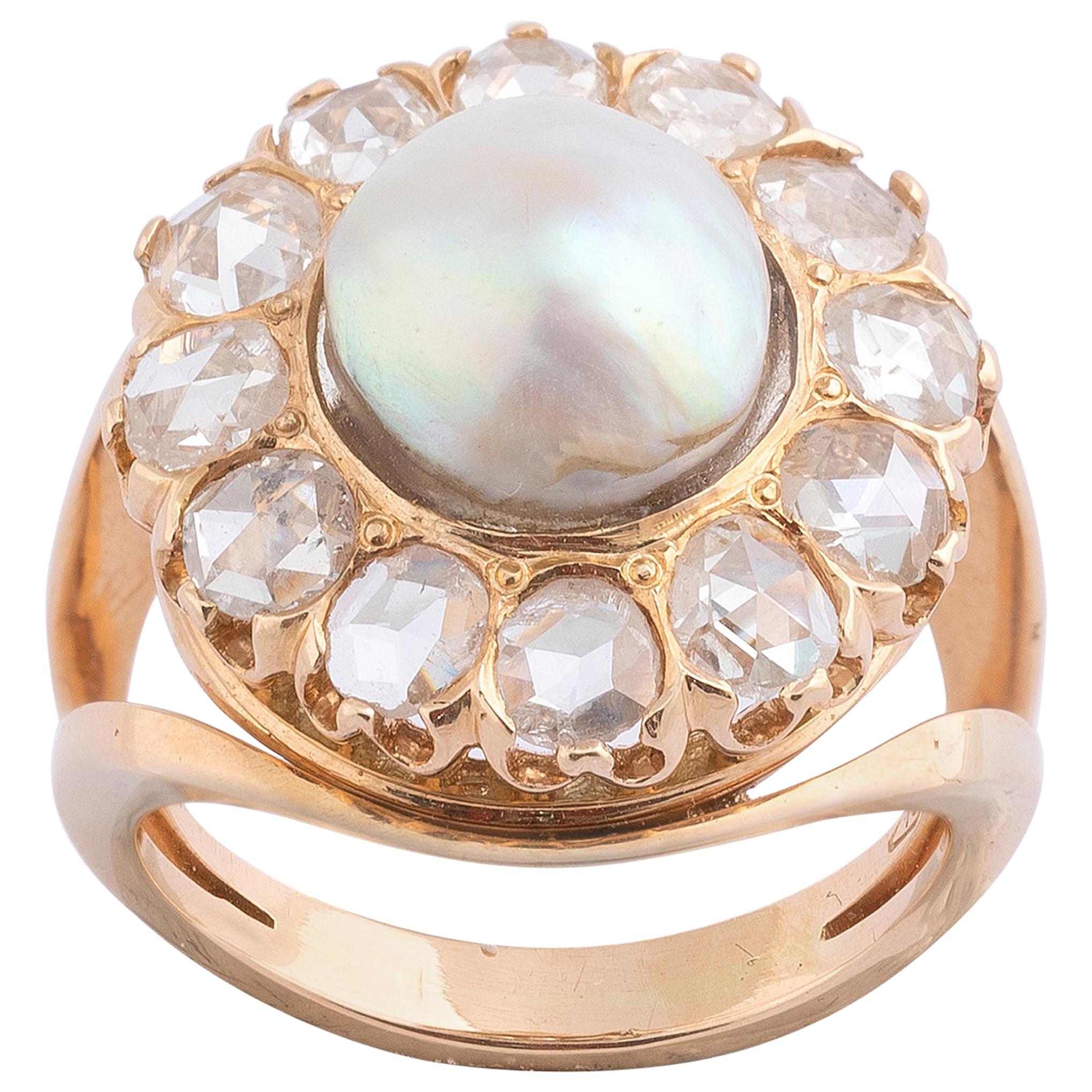 Baroque Pearl Diamond Cluster Ring For Sale at 1stdibs