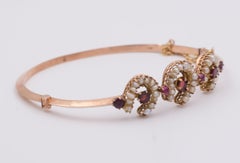 Antique Gold, Bead and Red Stones Bangle Bracelet, Late 19th Century
