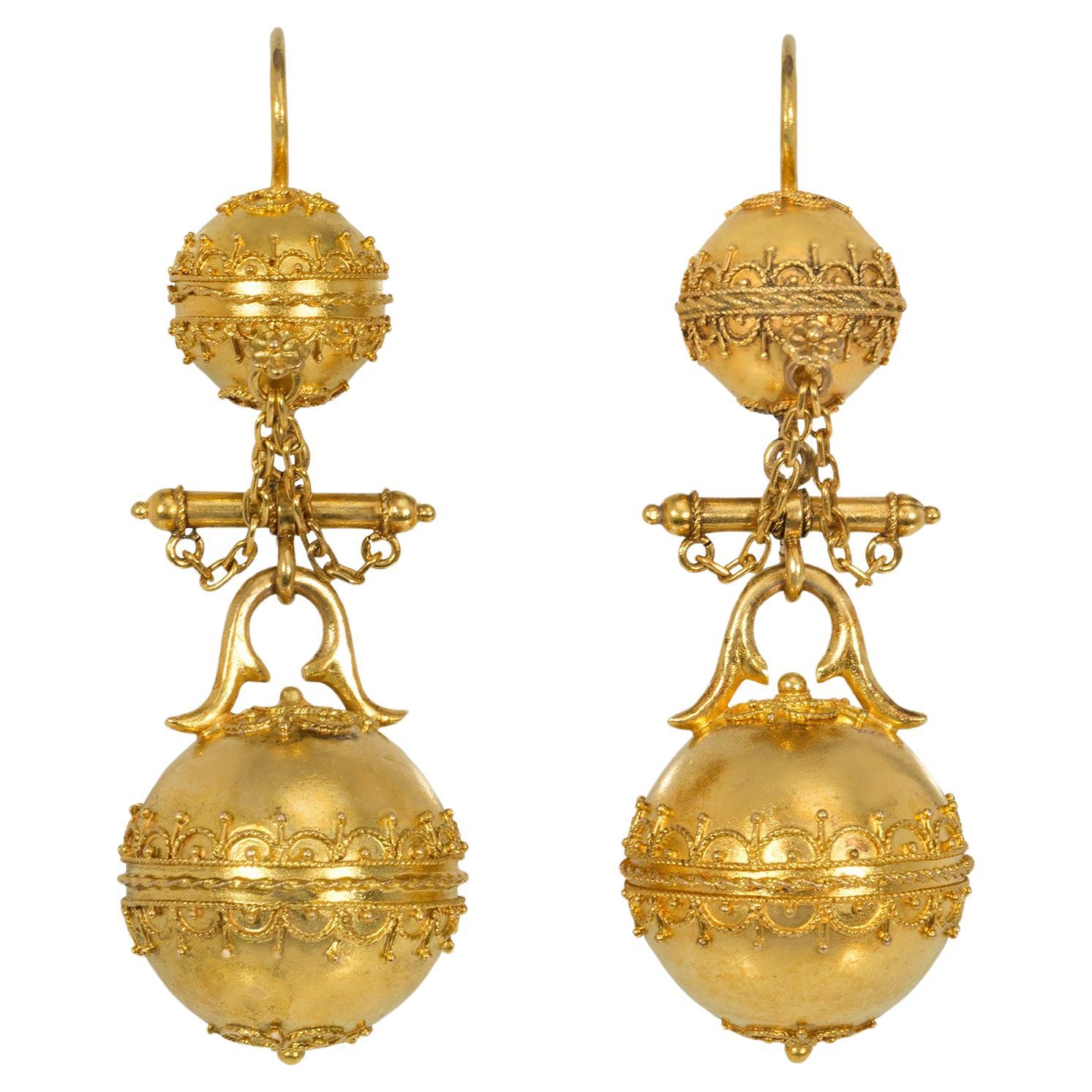 Antique Gold Bead Pendant Earrings in the Etruscan Revival Style For Sale