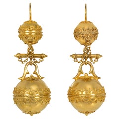 Antique Gold Bead Pendant Earrings in the Etruscan Revival Style