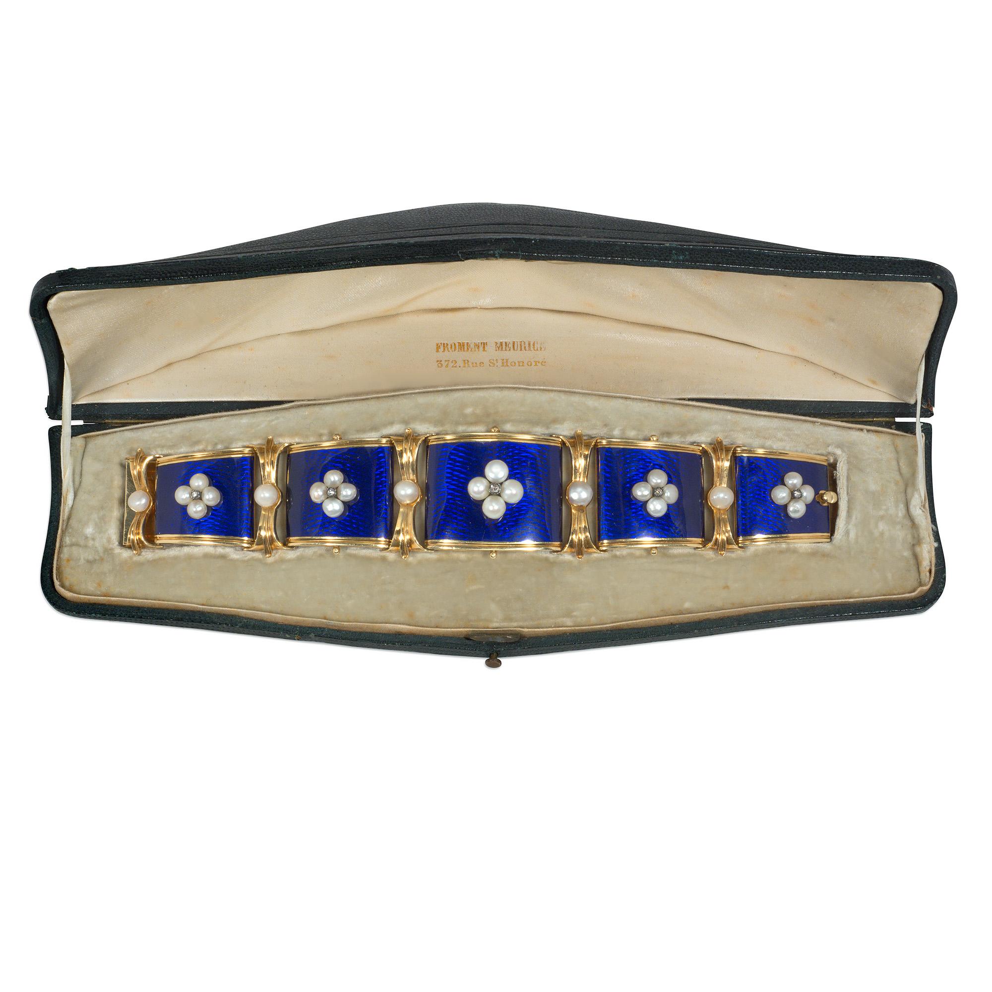 Rose Cut Antique Gold, Blue Enamel, and Pearl Bracelet in Original Froment-Meurice Box For Sale