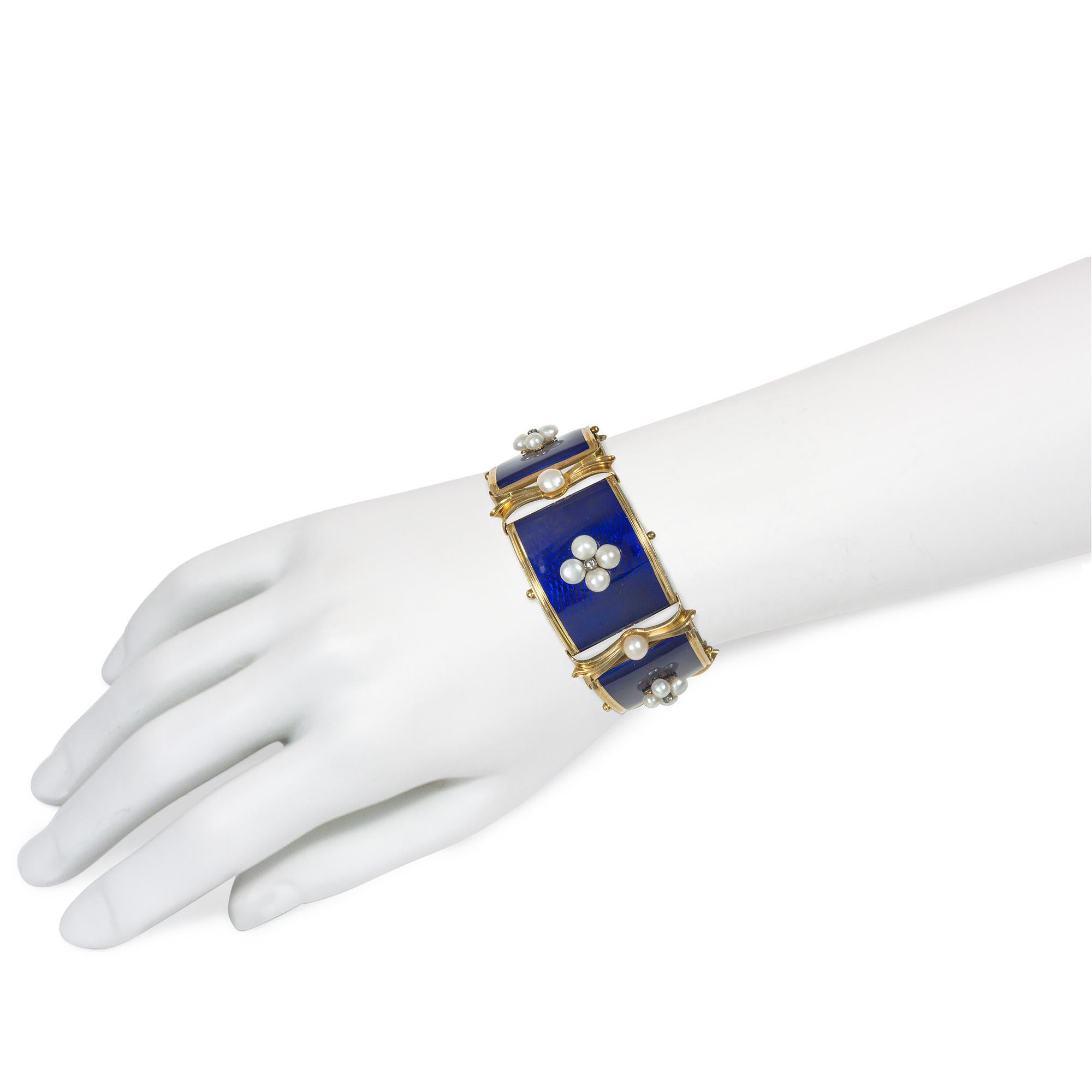 Antique Gold, Blue Enamel, and Pearl Bracelet in Original Froment-Meurice Box In Good Condition For Sale In New York, NY