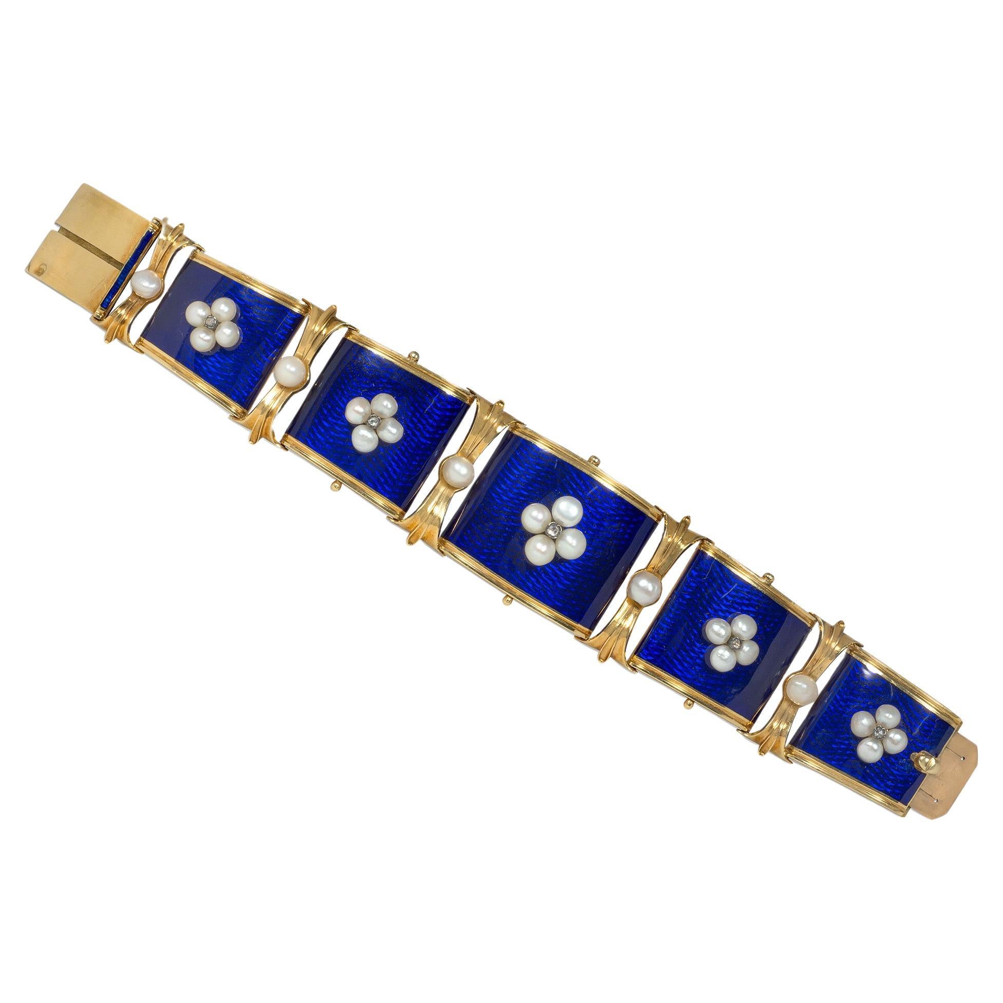 Antique Gold, Blue Enamel, and Pearl Bracelet in Original Froment-Meurice Box For Sale