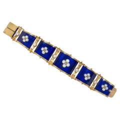 Antique Gold, Blue Enamel, and Pearl Bracelet in Original Froment-Meurice Box