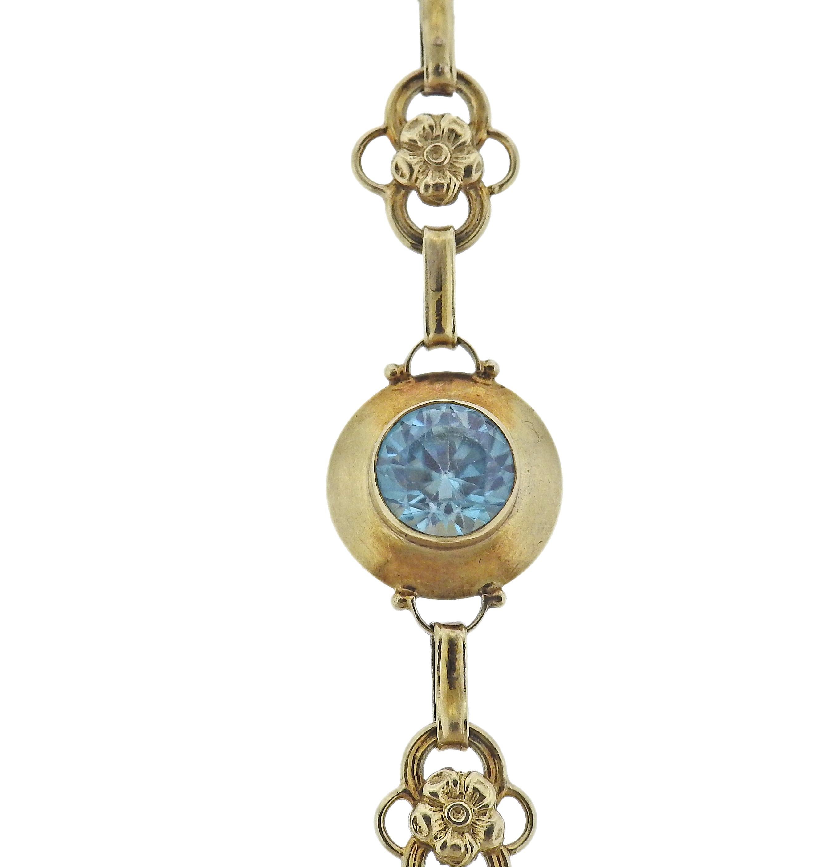 Antik-Armband aus 14 Karat Gold, mit 3 blauen 6,6 mm großen Edelsteinen. Armband ist 7 1/8