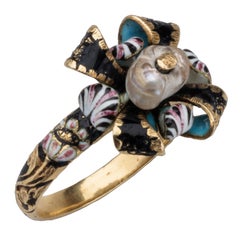 Antique Gold Bow Ring with Pearl and Enamel