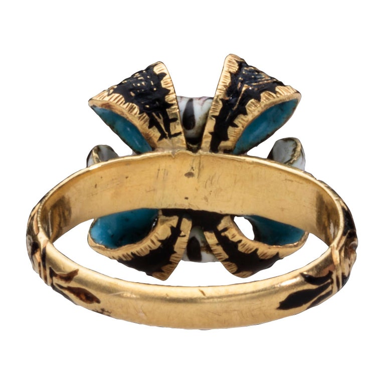 Antique Gold Bow Ring with Pearl and Enamel For Sale at 1stDibs