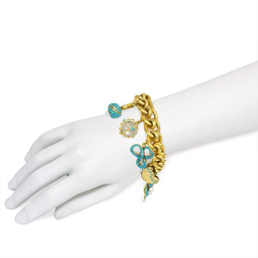 Victorian Antique Gold Bracelet with Assorted Turquoise and Pearl Charms