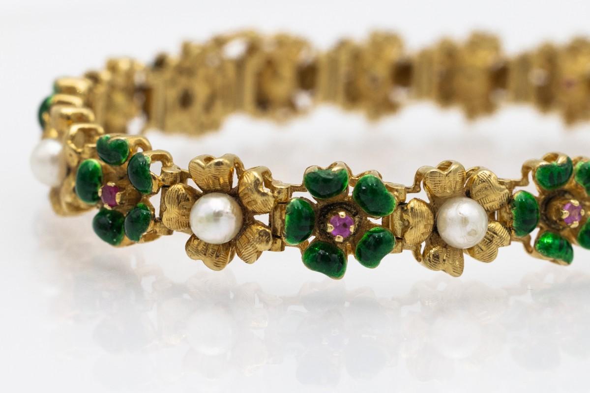 Art Nouveau Antique gold bracelet with enamel, pearls and pink sapphires.