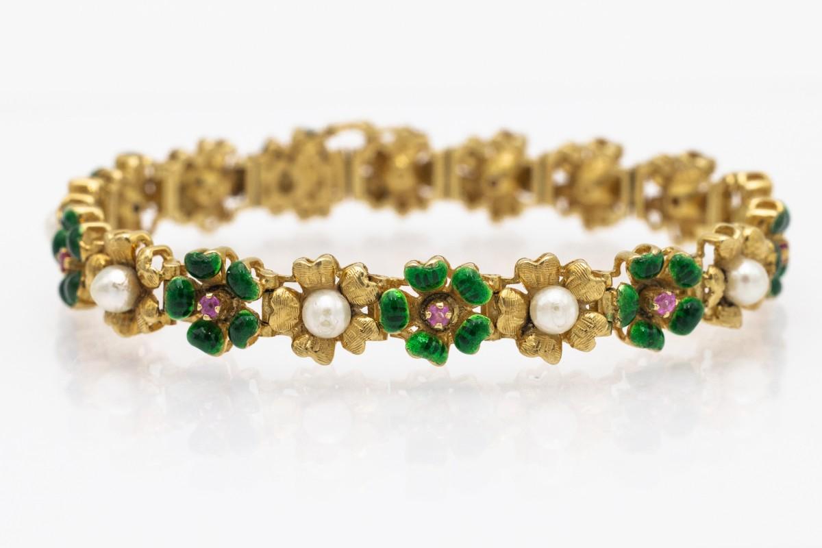 Round Cut Antique gold bracelet with enamel, pearls and pink sapphires.