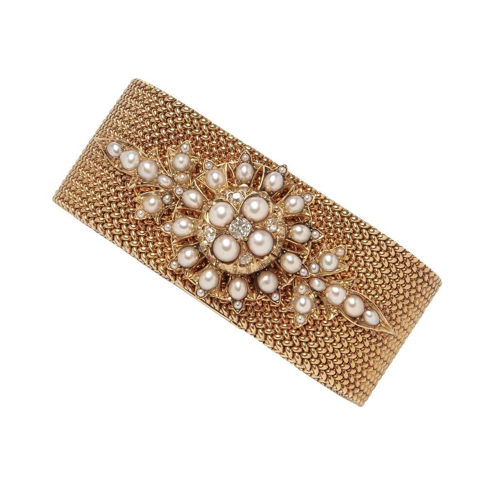 Antique Gold Bracelet with Pearl and Diamonds
