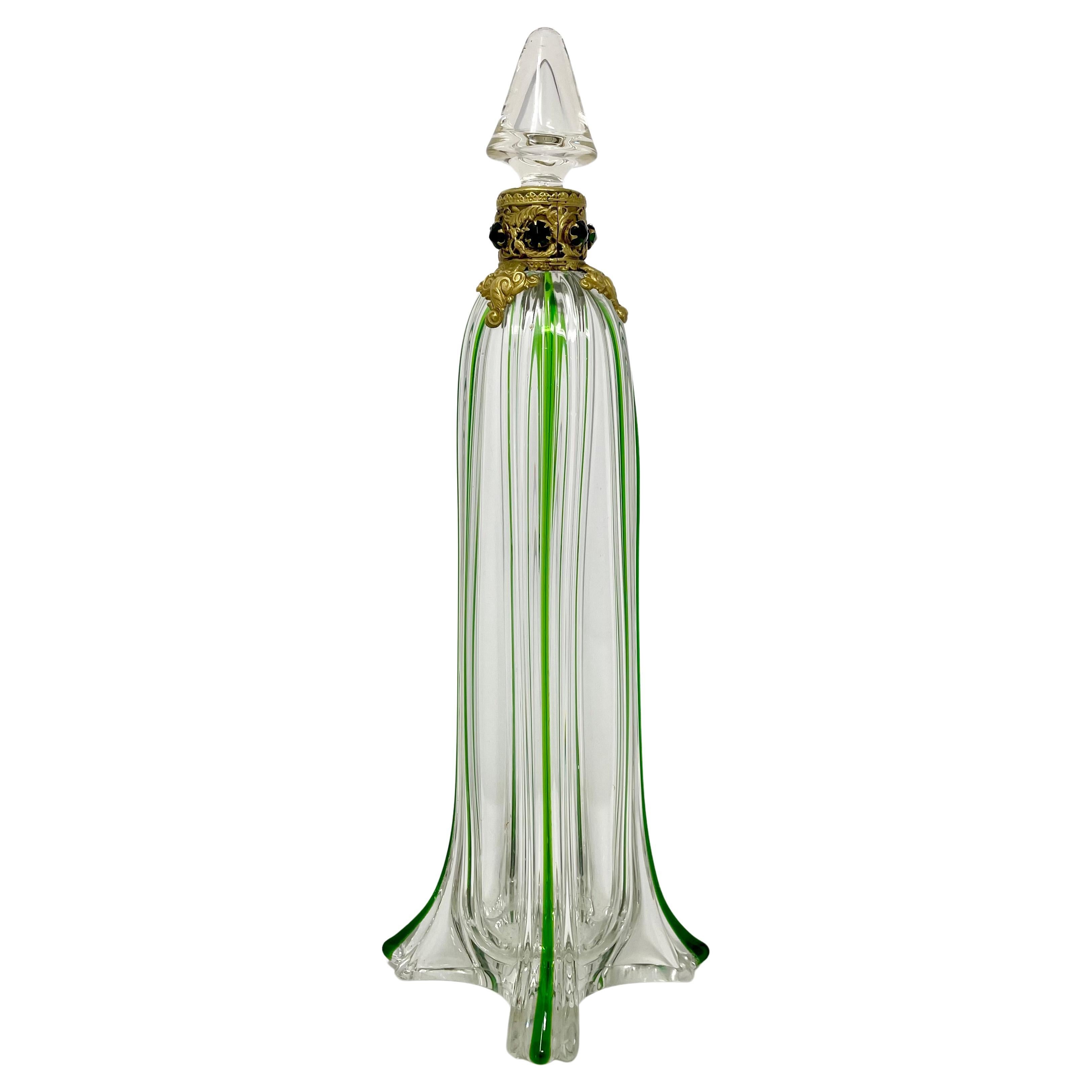 Antique Gold Bronze Mounted Green & Clear Hand-Blown Glass Scent Bottle, Circa 1890-1910.