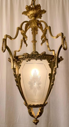 Antique Gold Bronze Hall Lantern with Finely Cut and Etched Glass, circa 1900