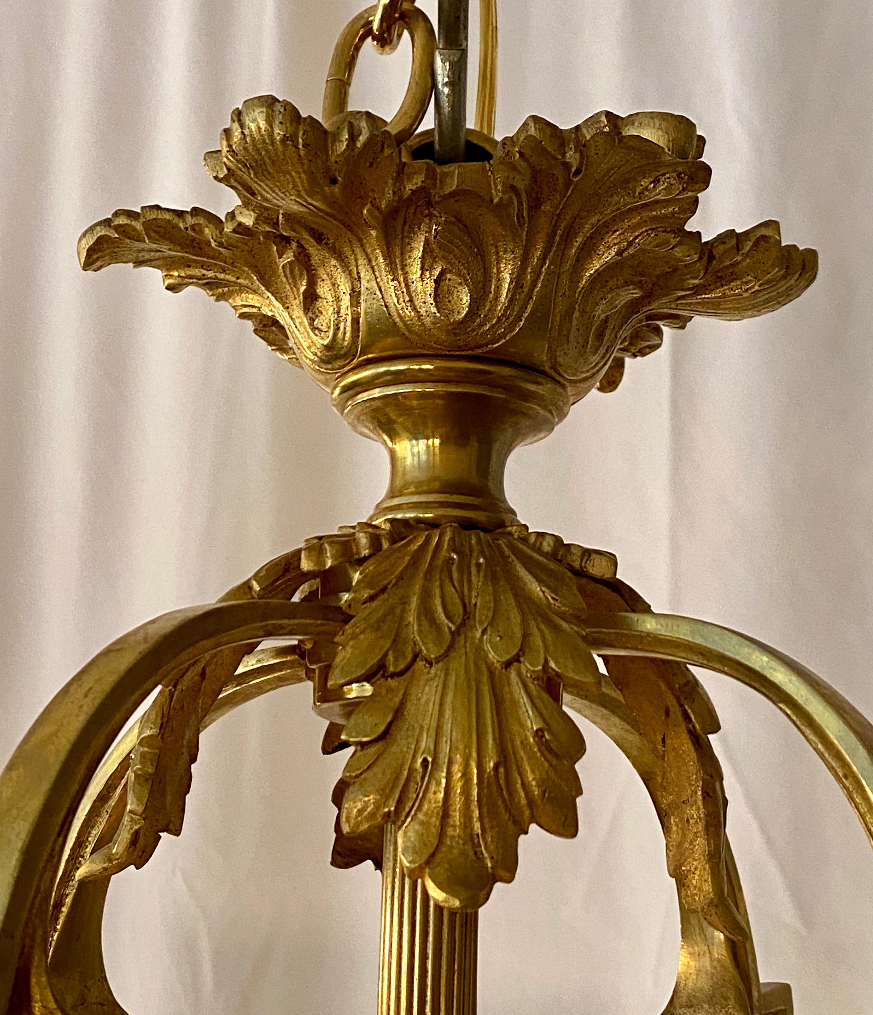 20th Century Antique Gold Bronze Hall Lantern with Finely Cut and Etched Glass, circa 1900