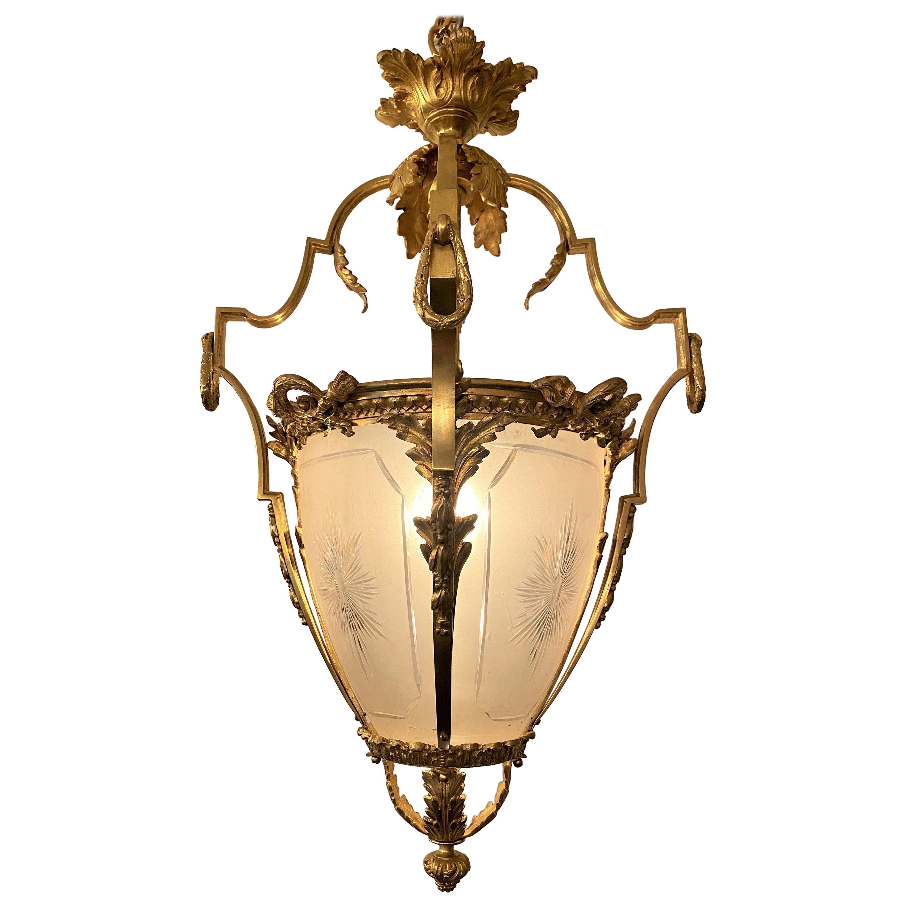 Antique Gold Bronze Hall Lantern with Finely Cut and Etched Glass