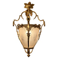 Antique Gold Bronze Hall Lantern with Finely Cut and Etched Glass, circa 1900 Antique Gold Bronze Hall Lantern with Finely Cut and Etched Glass, circa 1900