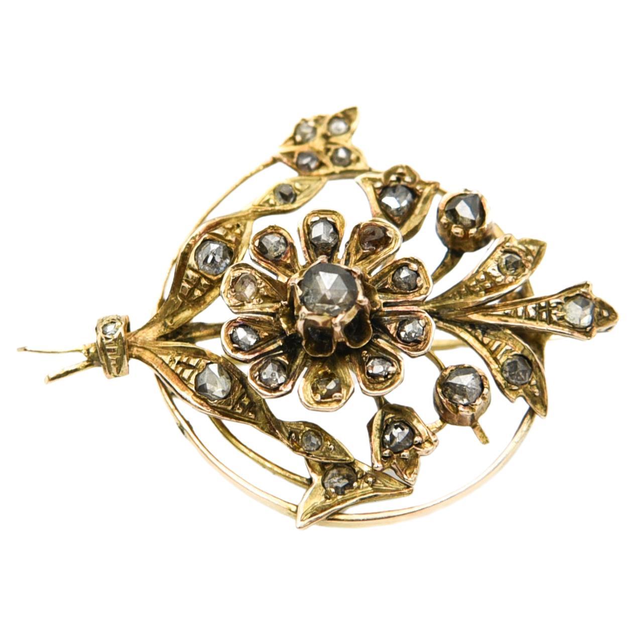 Antique gold brooch with diamonds, Netherlands, mid-19th century. For Sale