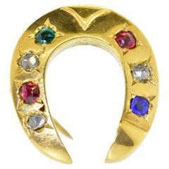 Antique Gold Brooch with Diamonds, Sapphire, Emerald and Rubies, c. 1860