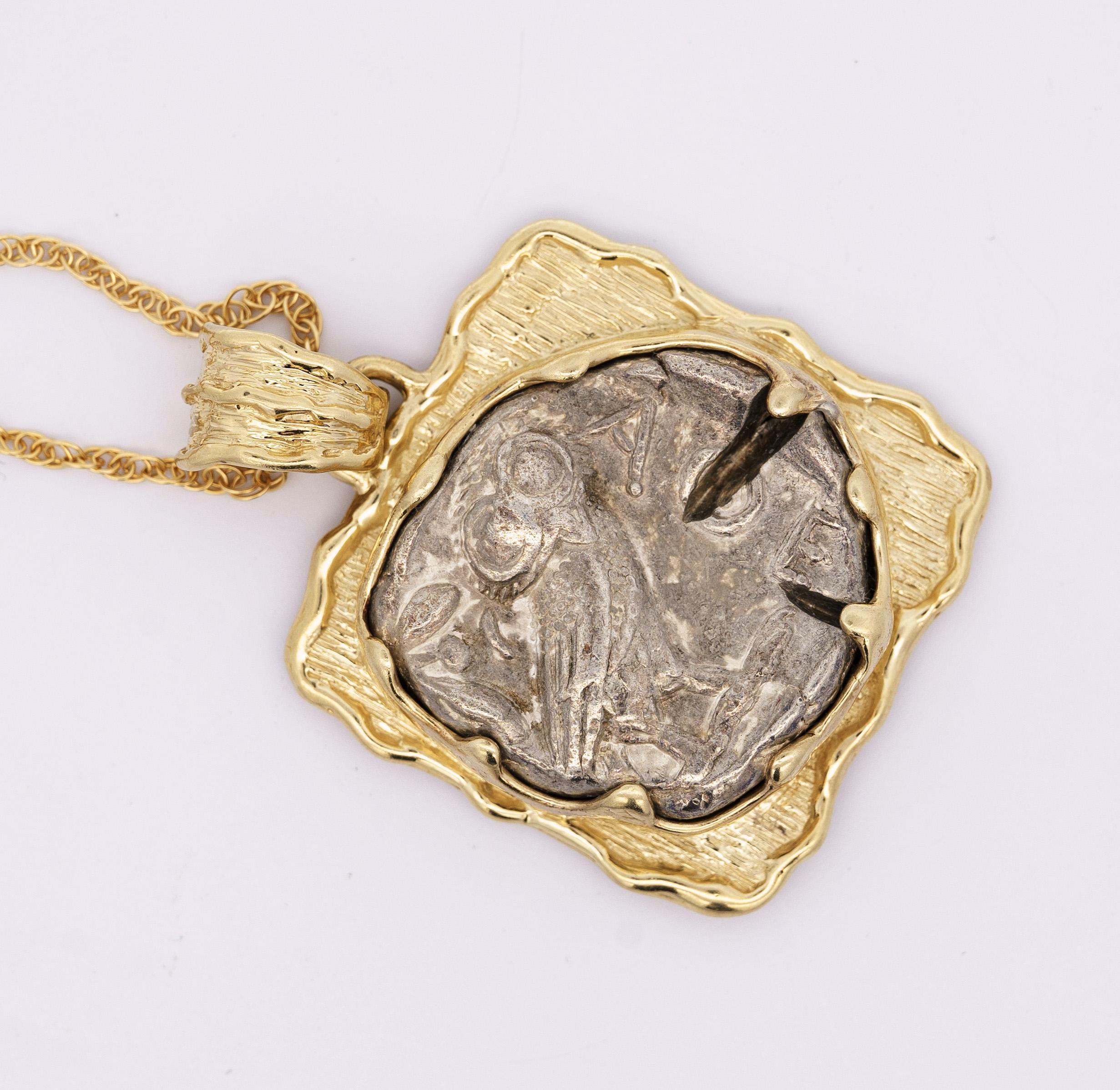Antique Gold Brushed Tetradrachm Greek Coin Pendant Circa 400-413 BC In Good Condition For Sale In Miami, FL