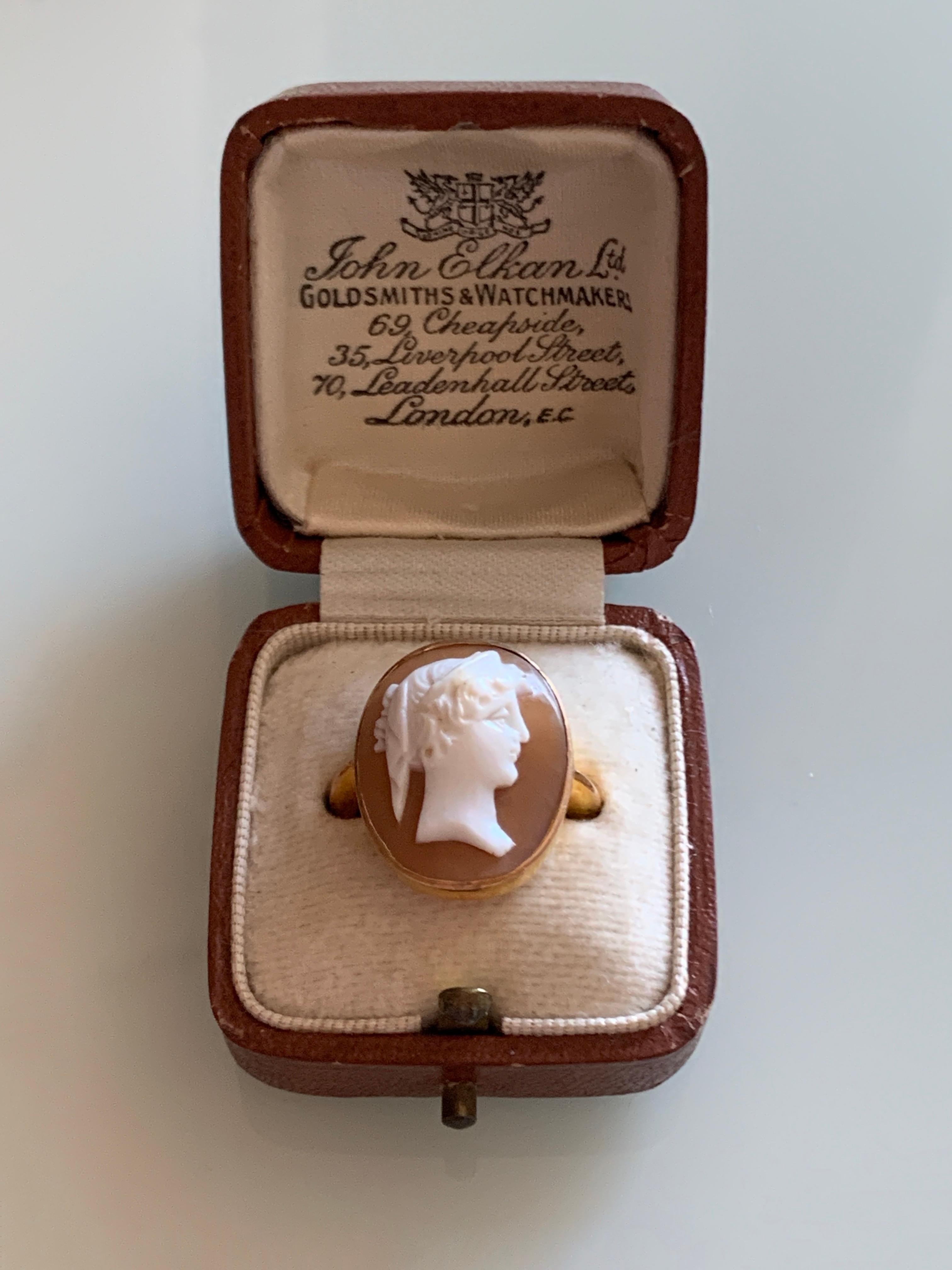 Antique
9ct Gold Mounted Cameo ring
Circa 1890s
stamped 9ct 
with makers initials ? & S
Both stamps inside the band are set very deeply in to the ring
The ring has a beautiful comforting curve that has been design
in relation to the shape of one's