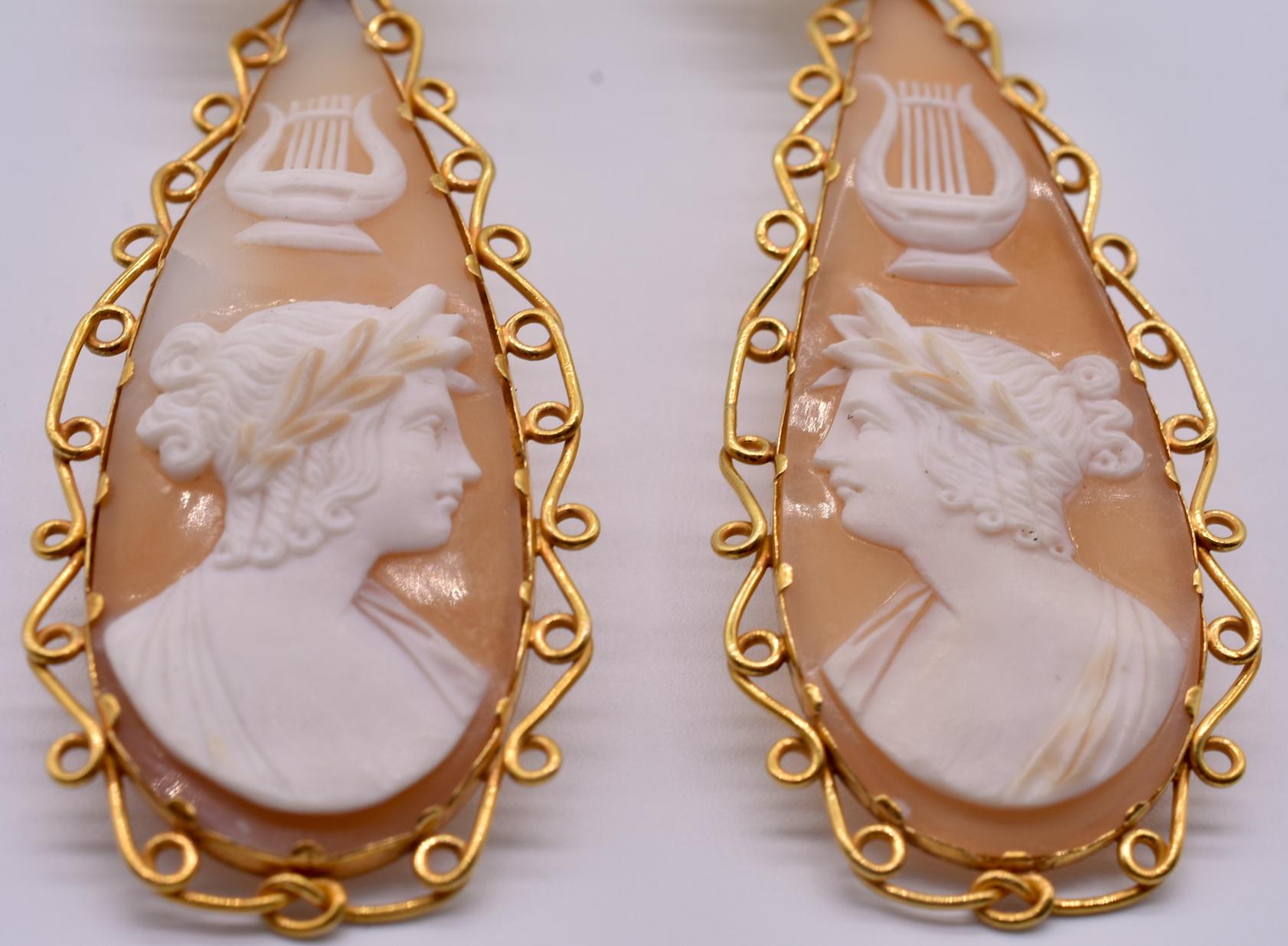Antique Gold Cameo Shell Day Night Earrings of Apollo, c1850 3