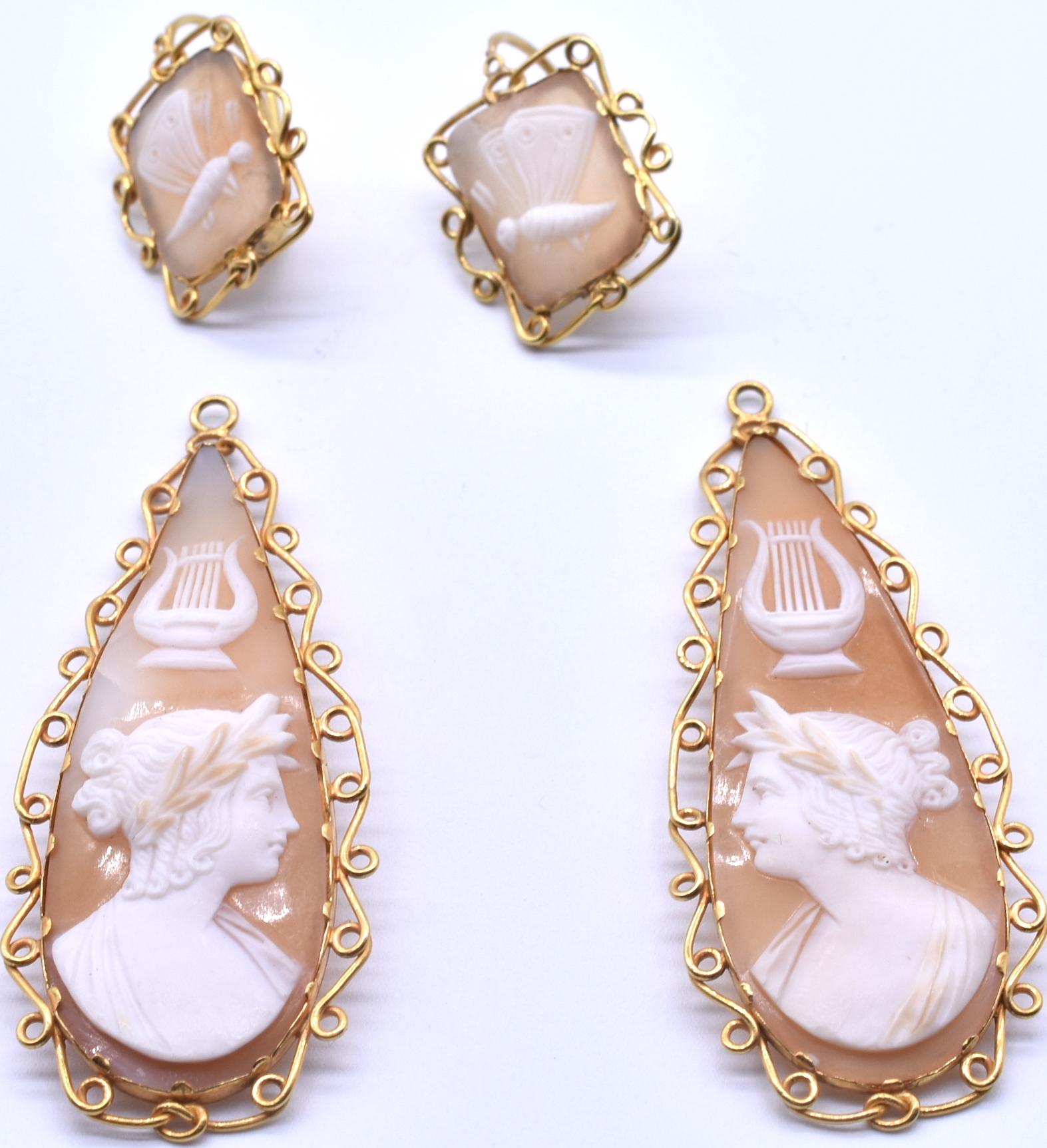 Antique Gold Cameo Shell Day Night Earrings of Apollo, c1850 1