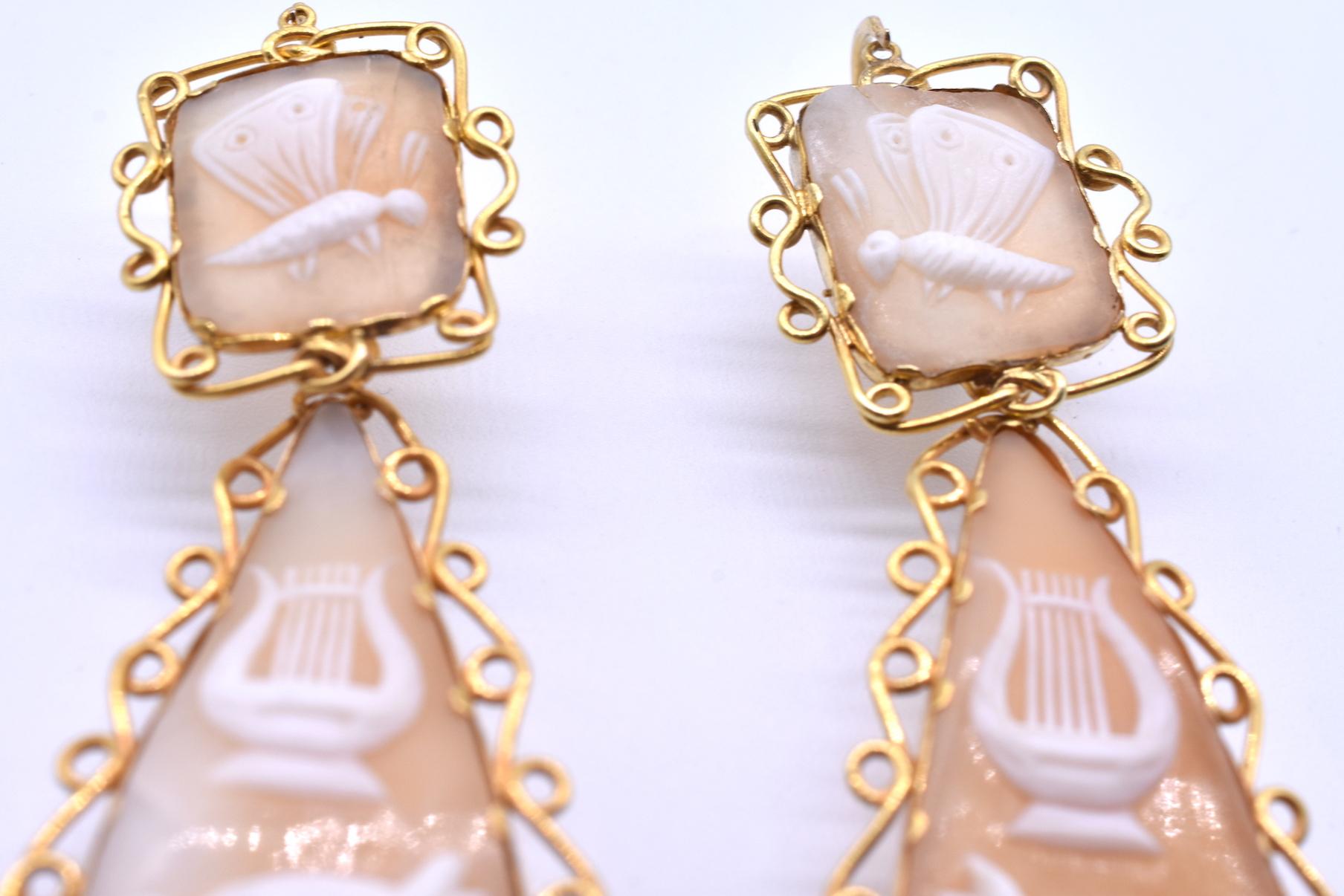 Antique Gold Cameo Shell Day Night Earrings of Apollo, c1850 2
