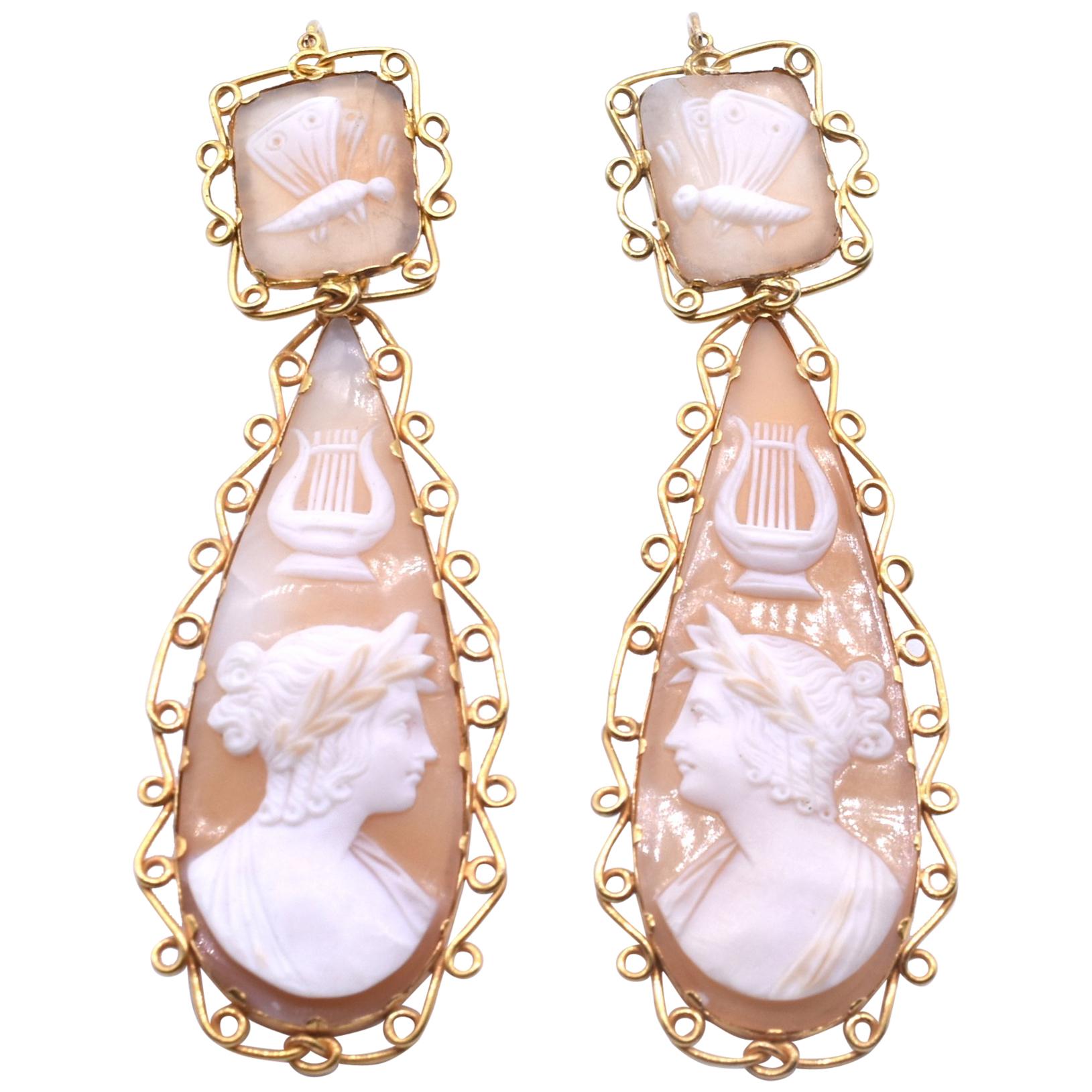 Antique Gold Cameo Shell Day Night Earrings of Apollo, c1850