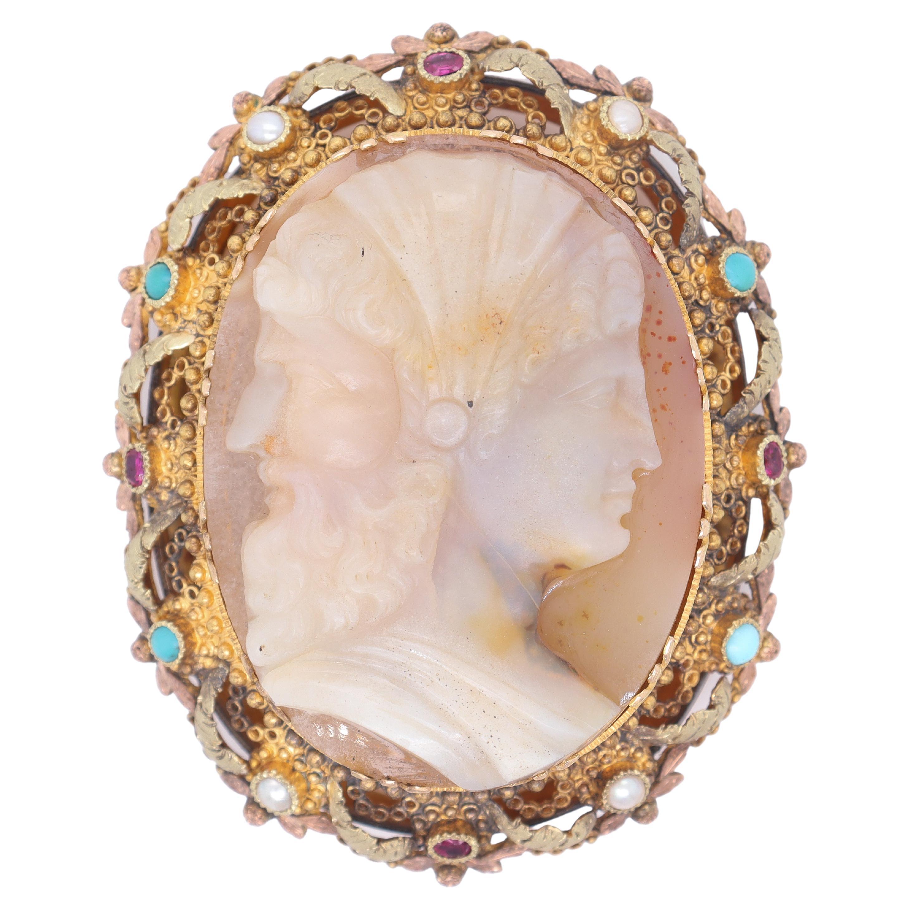 Antique Gold & Carved Agate Cameo Hermaphrodite Bracelet or Necklace Clasp For Sale