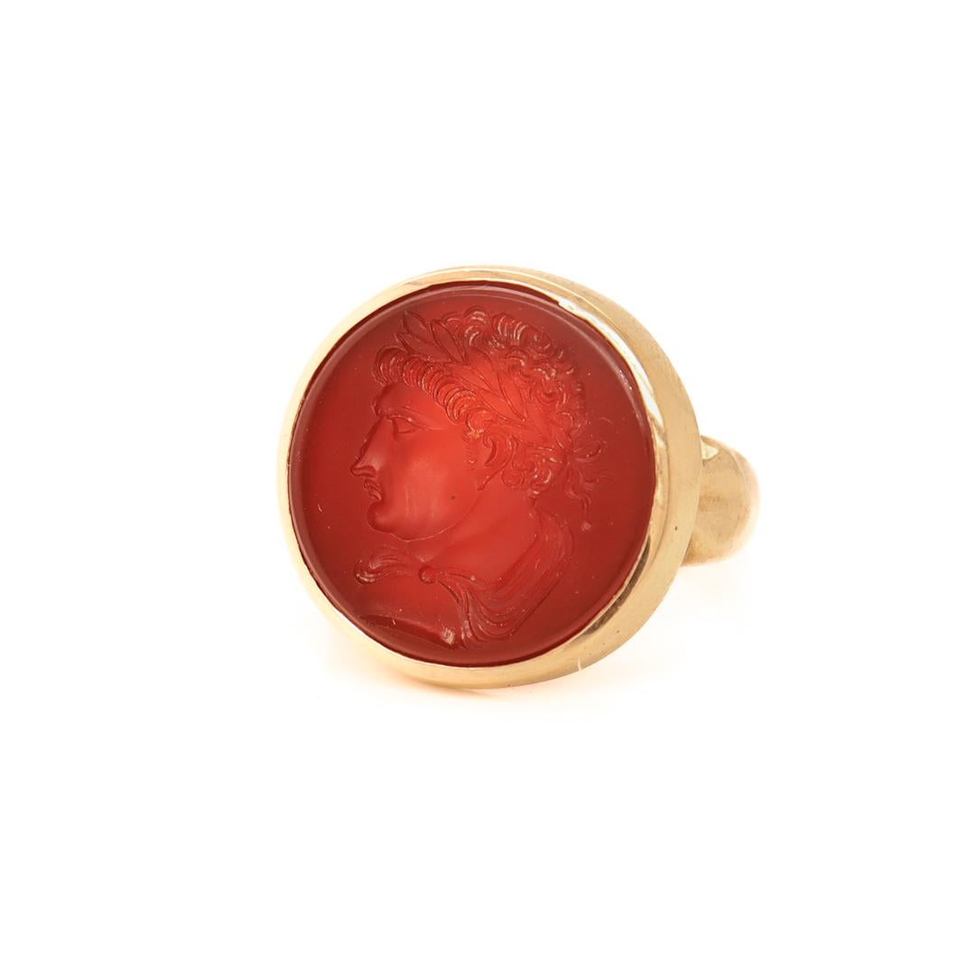 Women's or Men's Antique Gold & Carved Carnelian Intaglio Signet Ring with Roman Emperor Trajan