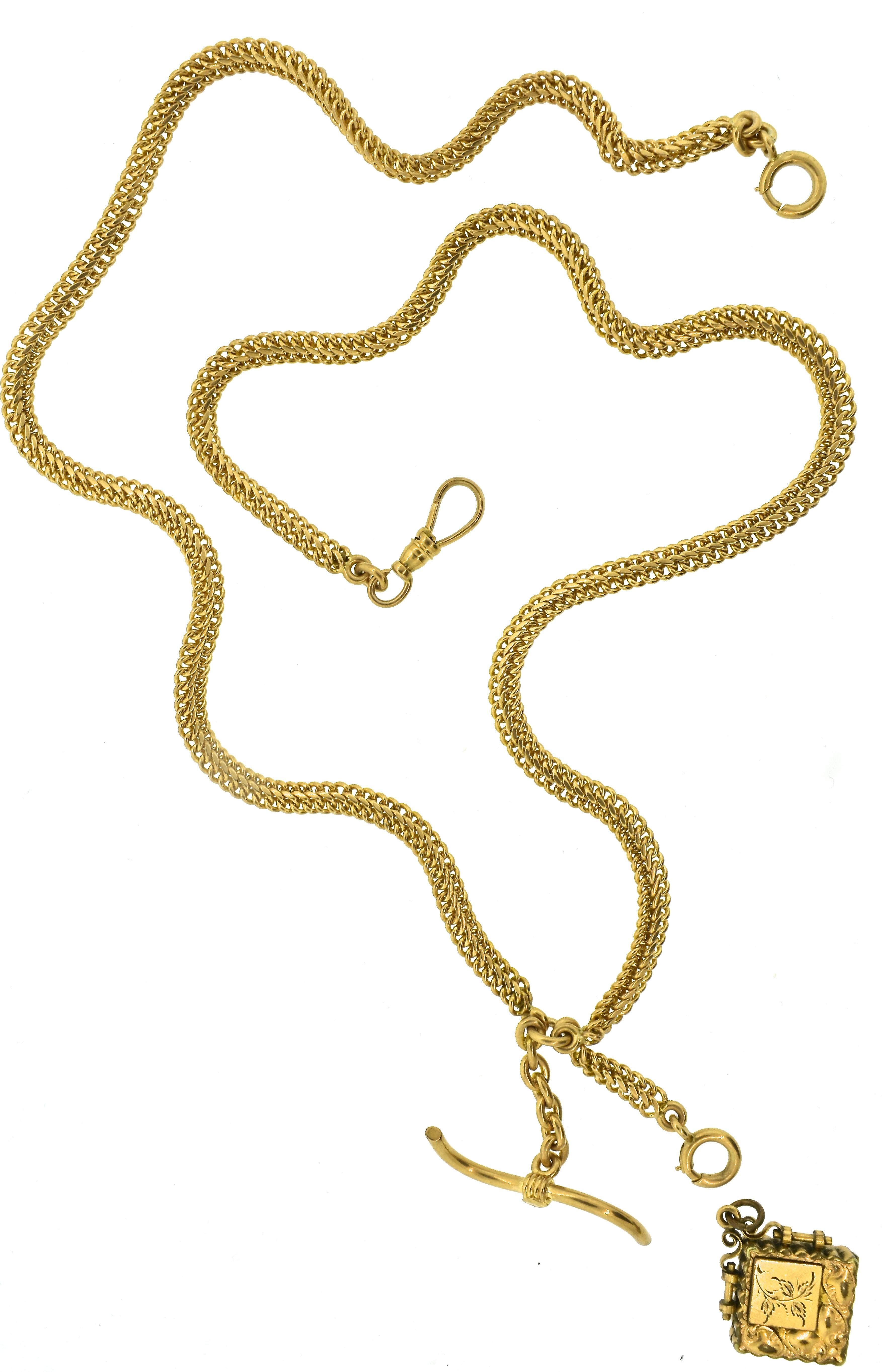 Victorian chain originally for a pocket watch, but now these chains are popular as neck chains.  One can add different pendants.  This chain weighs 59.27 grams and is 14k gold.  It does come with a small locket which dates to the same time period -